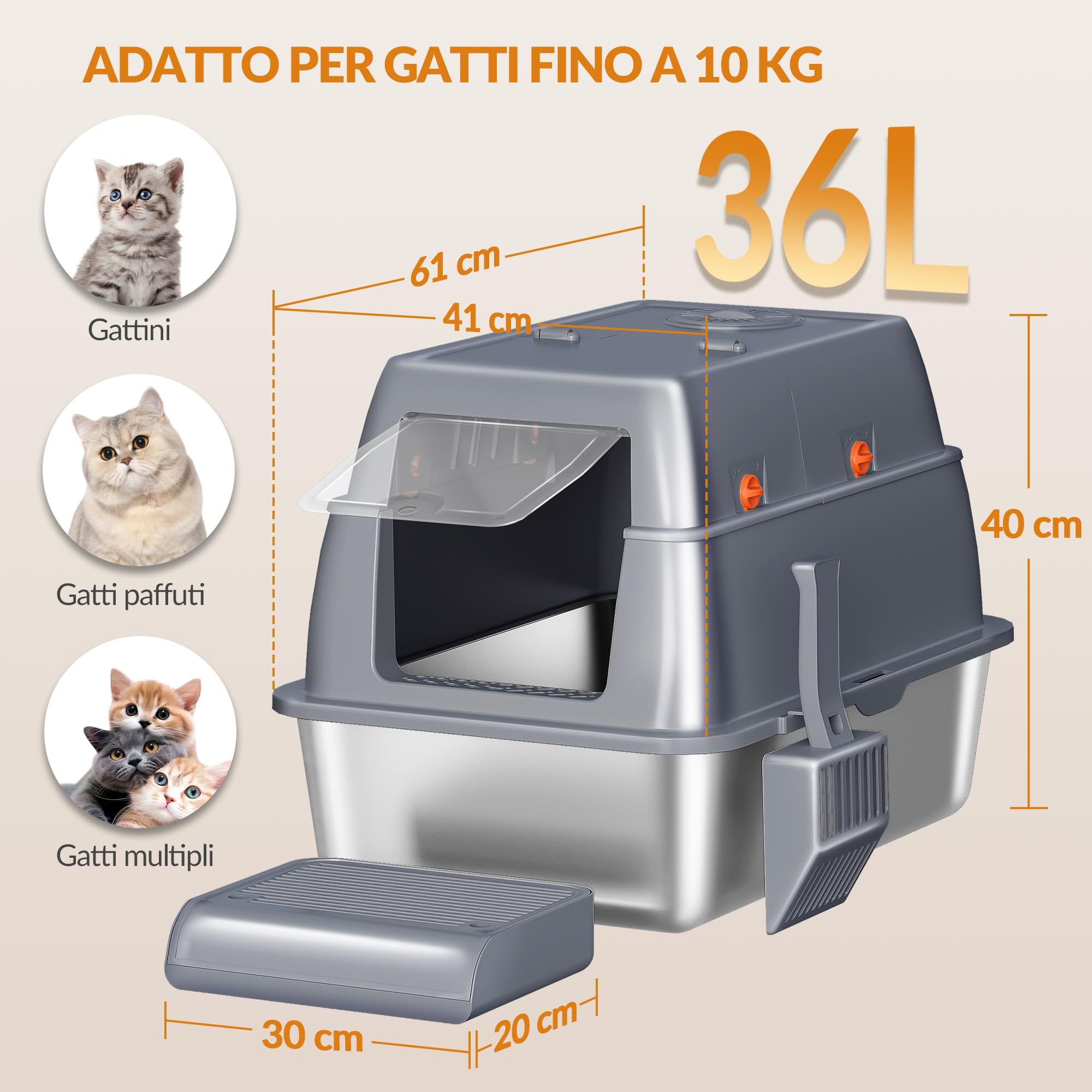 Lettiera Acciaio Inox Gatto XXL, 61 x 41 x 40 cm, Grigio Scuro | Lettiera Gatto Chiusa con Coperchio, Coperchio Incernierato a 180°, Pedale e Paletta, Facile da Pulire, Design Modulare