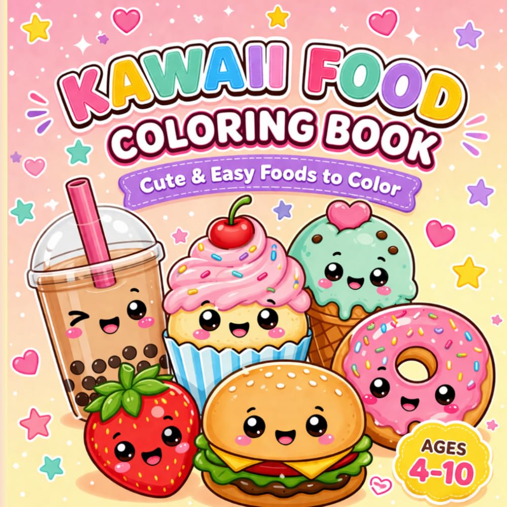 Kawaii Food Coloring Book for Kids Ages 4–10: Cute & Easy Kawaii Snacks, Desserts & Happy Foods to Color | Fun Coloring Pages for Kids, Teens & Beginners