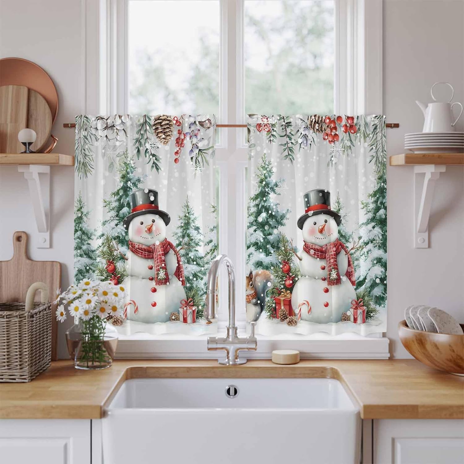 Snowman Christmas Kitchen Tier Curtains 45 Inch Long 2 Panel Set,Rod Pocket Short Window Treatment,Weeping Xmas Tree Snowflake Pine Cones Curtains & Drapes for Bathroom Basement 27.5"W x 45"L