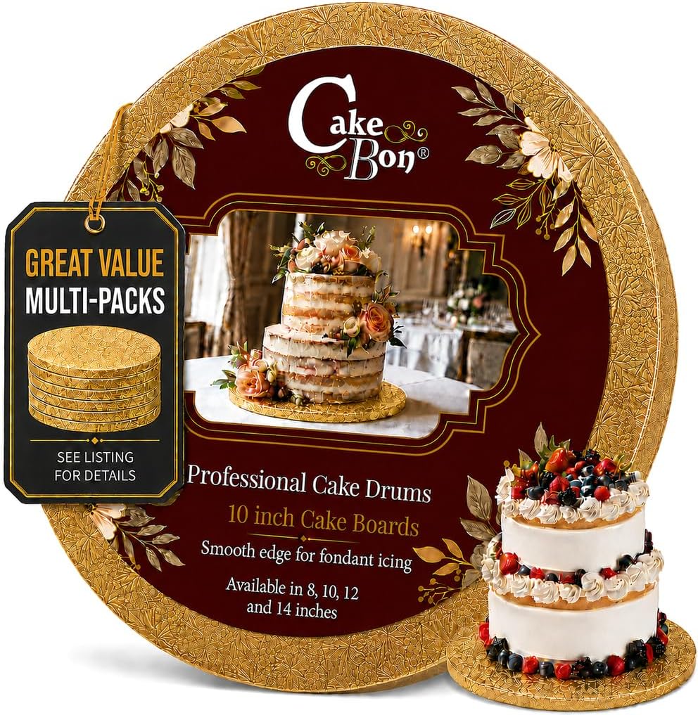 Cakebon Cake Boards 10" Gold Round Cake Drums 1/2" Thick Smooth Edge 1Pack