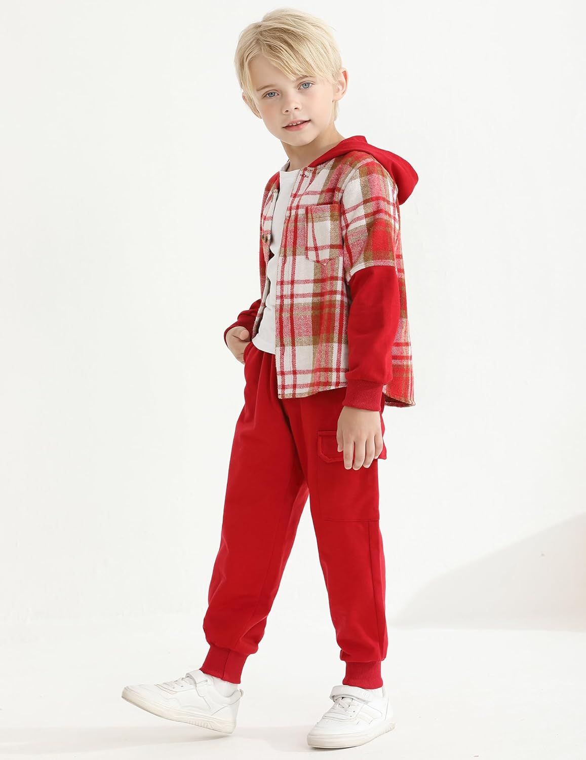 2Pcs Boys Clothes Sweatsuit Set Hoodie Flannel Plaid Shirt and Jogger Pants for Kids Fall Winter Spring Outfits - Image 4