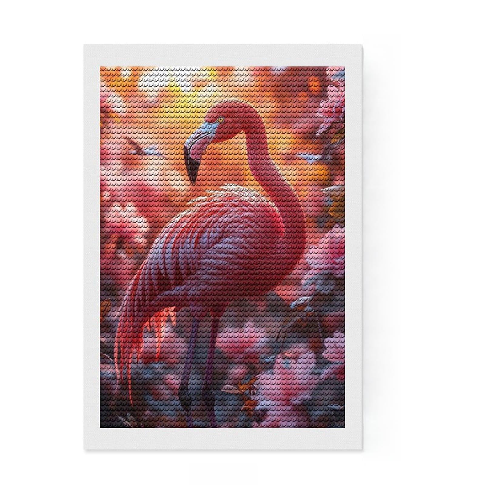 Junmoney Flamingo in A Floral Paradise Diamond Painting Set 8"x12", Sparkling Round Gems, Satisfying Creative Project, Fun Craft Experience, Office Decor