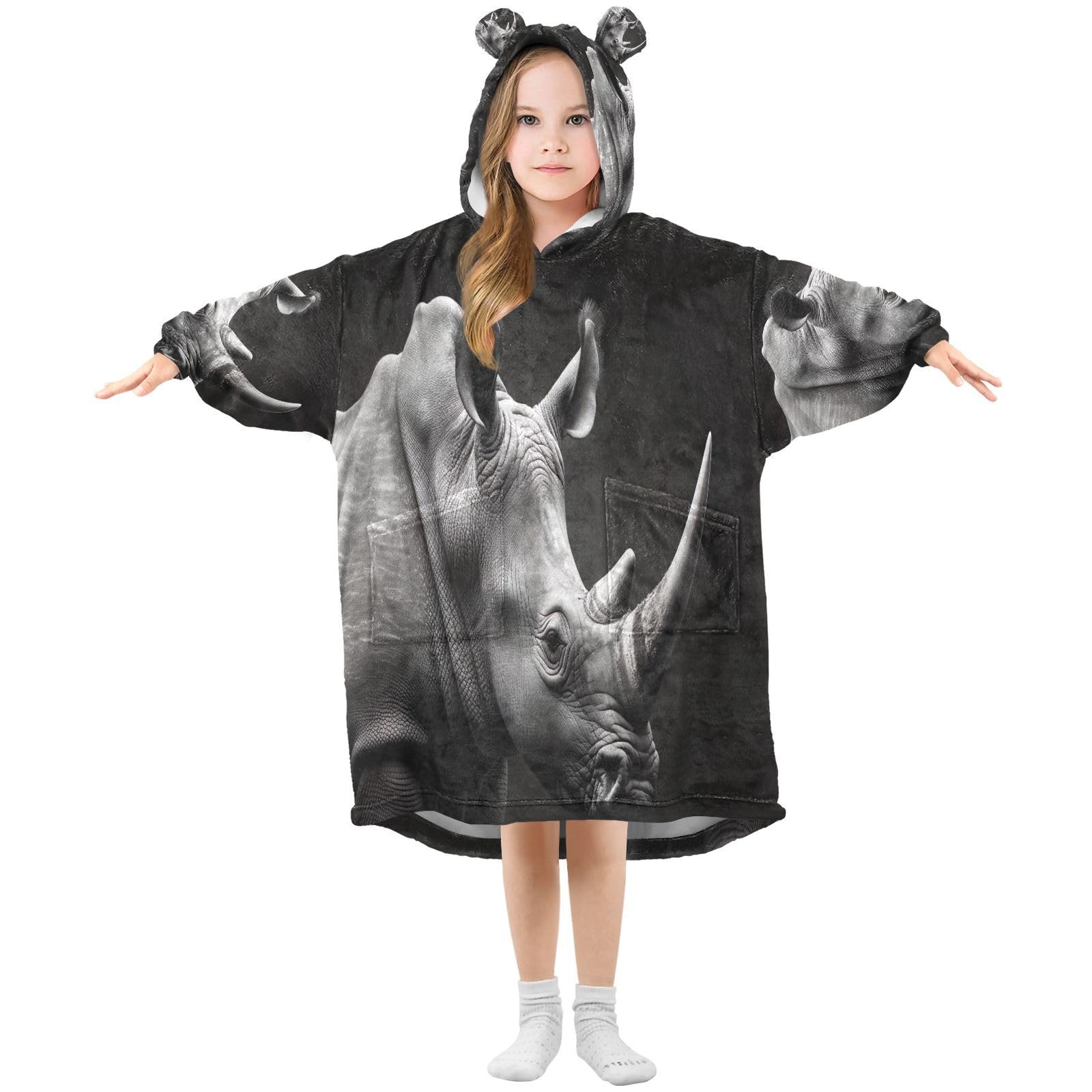 Cgiub Rhino Wearable Blanket Hoodie for Kids Warm Cozy Oversized Hooded Sweatshirt Blanket with Pocket