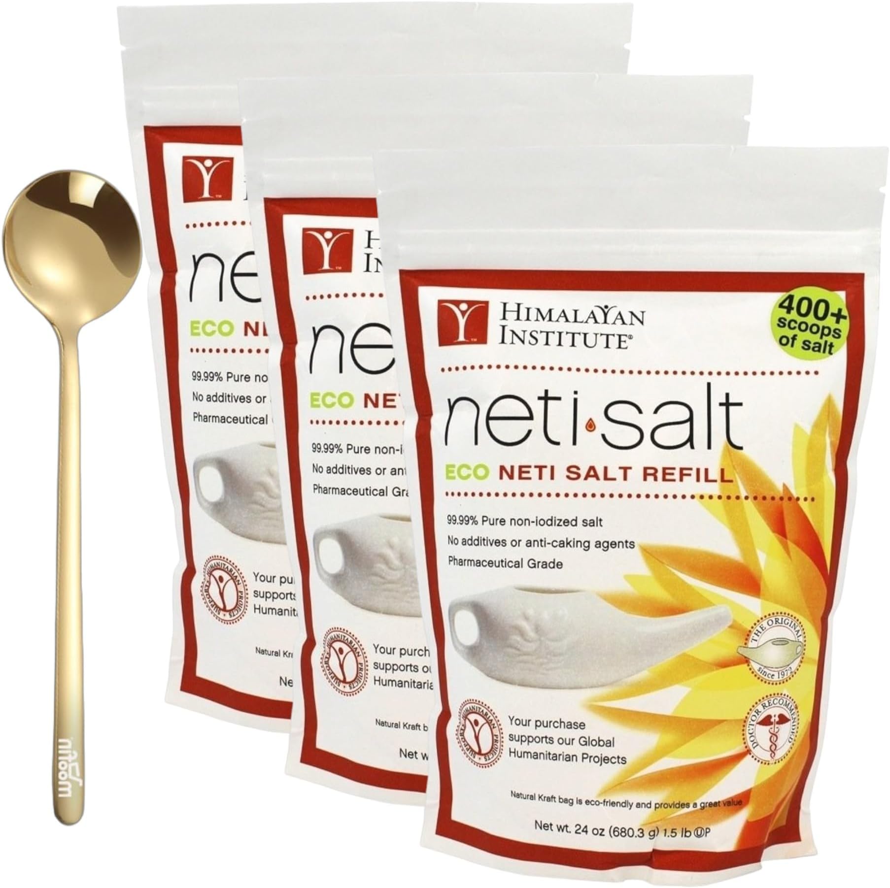 Himalayan Chandra Neti Salt Bag, 15 Pounds - Pure Non Iodized Salt for Nasal Cleansing with Moofin Golden SS Spoon - Natural Sinus Relief, Washable Cotton Bag, Compatible with Neti Pots [Pack of 3]