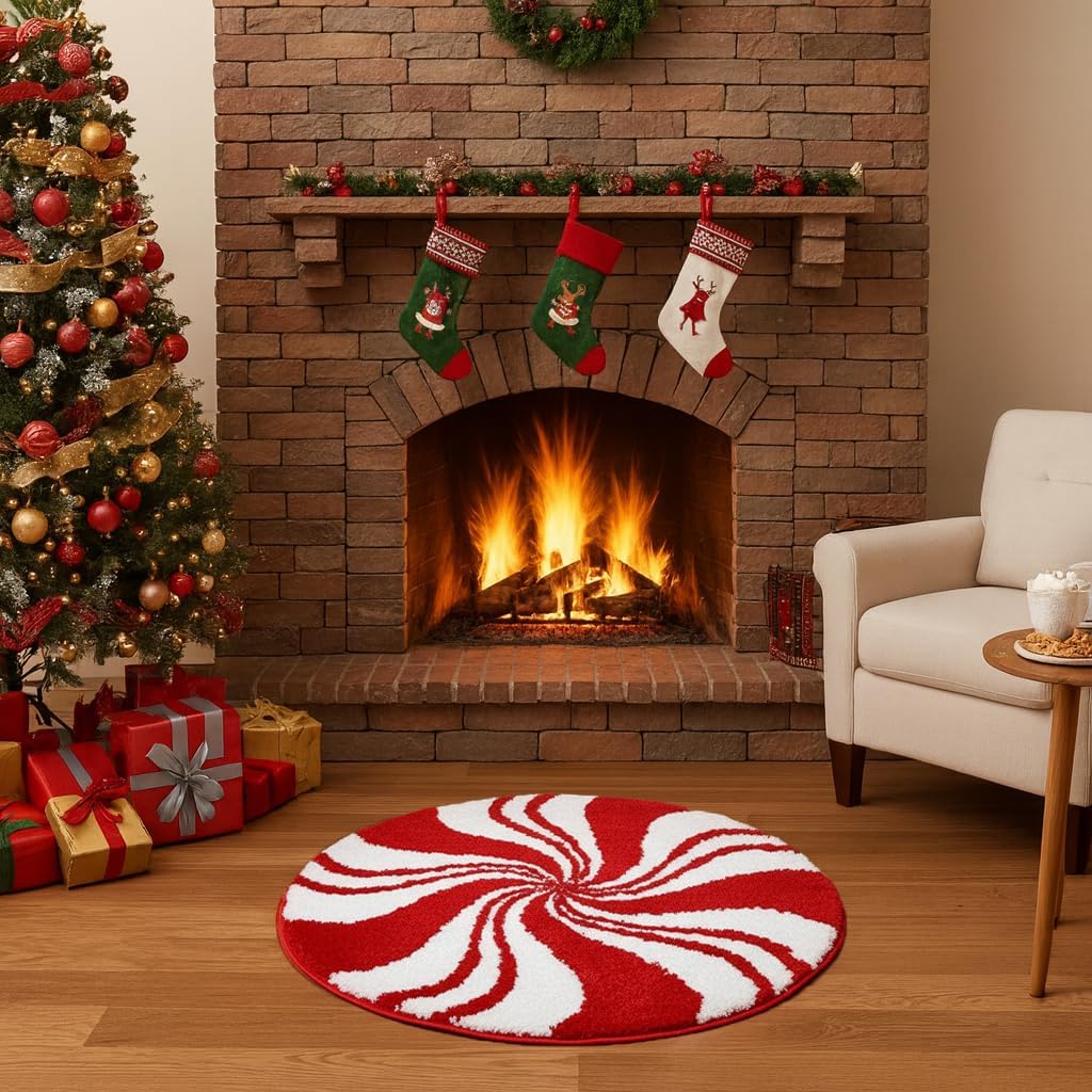 Christmas Bathroom Rugs, Candy Cane Bath Mat for Peppermint Christmas Decor, Winter Rugs Decorations, Absorbent Bathtub Doormats Non Slip Washable, 24 x 24 Inch