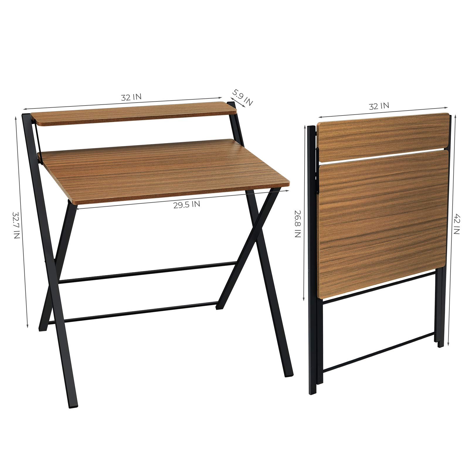 GreenForest Folding Desk 2 Tiers Computer Desk with Shelf Foldable Home