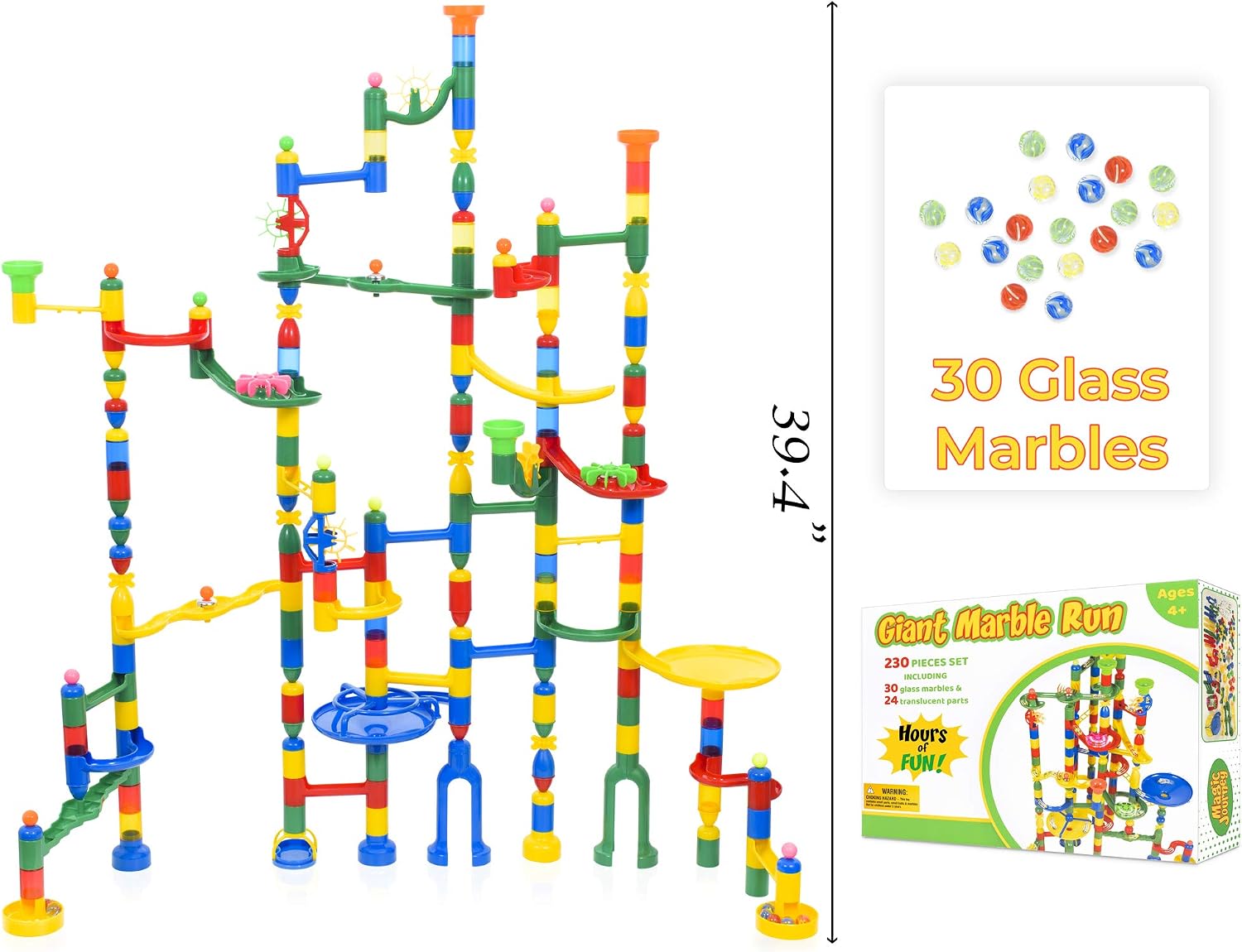 Giant Marble Run Toy Track Super Set Game I MagicJourney 230 Piece Marble Maze Building Sets w/ 200 Colorful Marble Tracks, 30 Marbles & 4 Challenge Levels for STEM Learning, Endless Educational Fun