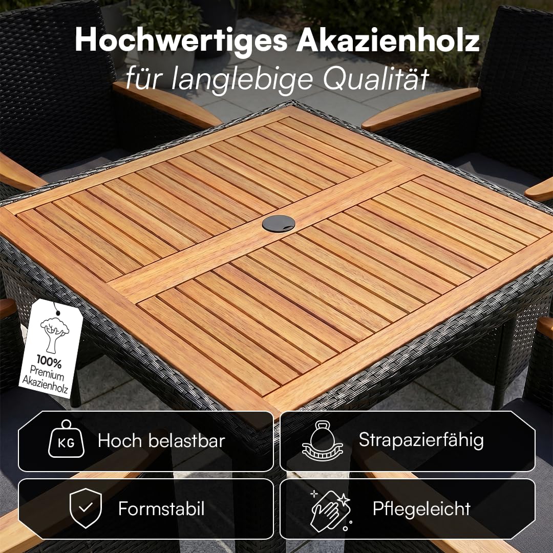 STEELSØN Fawaris Polyrattan Sitzgruppe Outdoor 5-tlg. - Gartentisch mit 4x Gartenstuhl und Kissen – Gartenmöbel Set aus Akazienholz – Gartengarnitur Outdoor wetterfest Garten/Terrasse/Balkon - schwarz