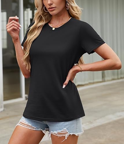 Miniatura 2 de TACVASEN Camisetas de algodón para mujer, camiseta de manga corta, casual, camisetas básicas con cuello redondo