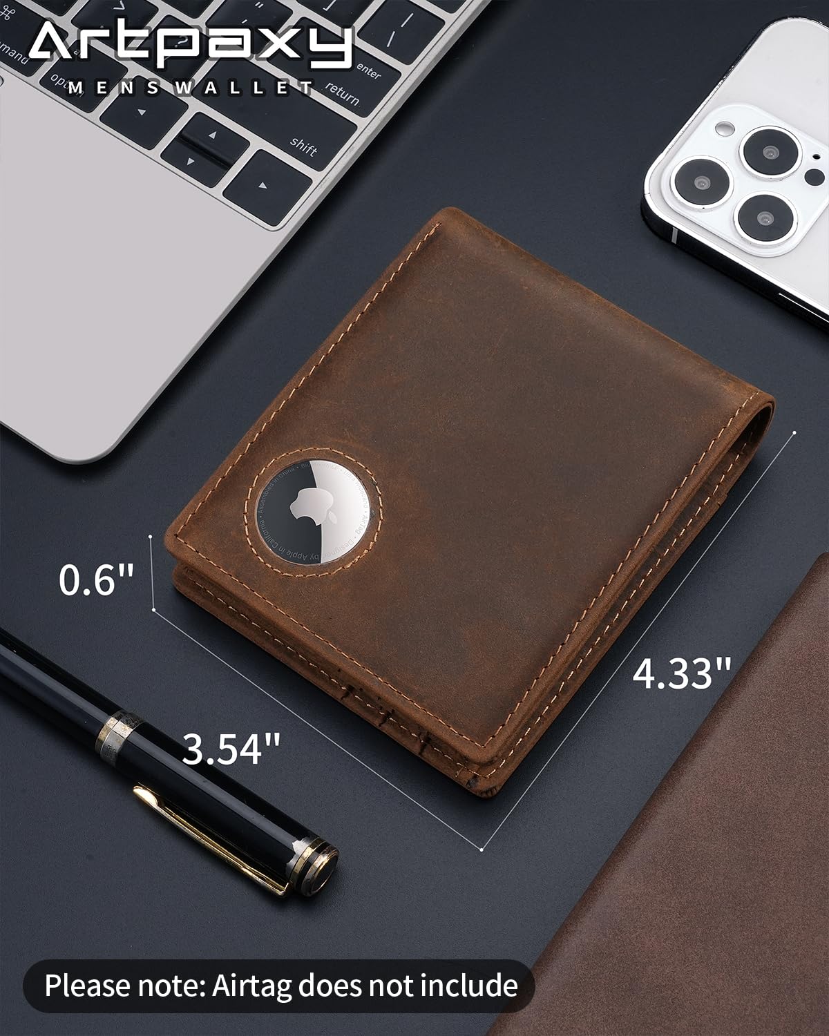 Mens Wallet With AirTag Holder, Bifold Leather RFID Blocking 1 ID Windows 13 Card Holders, Gift Box and Screen Protector Included, AirTag Not Included