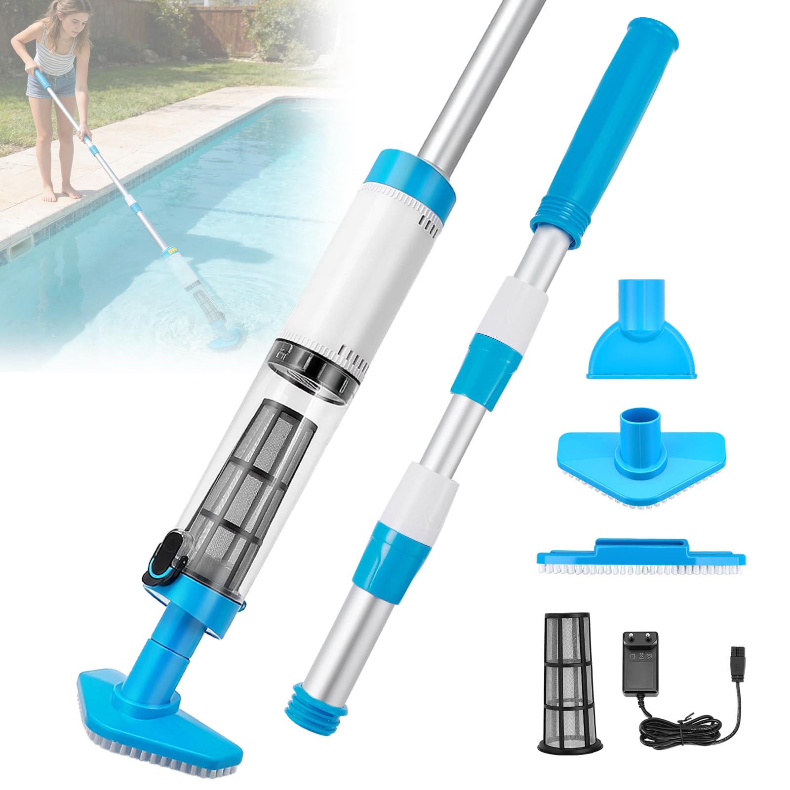 Aspirador Piscina, Limpiafondos Piscina Recargable con Potente Succión, aspiradora Piscina Pértiga Telescópica de 103.5-162.5 cm, Sensor Automático y 3 Cabezales de Cepillo para Spas, Jacuzzis
