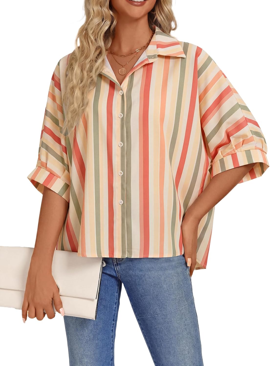 Vrtige Women's Casual Stripe Button Down Collar V Neck Half Sleeve Loose Blouse Shirt Top