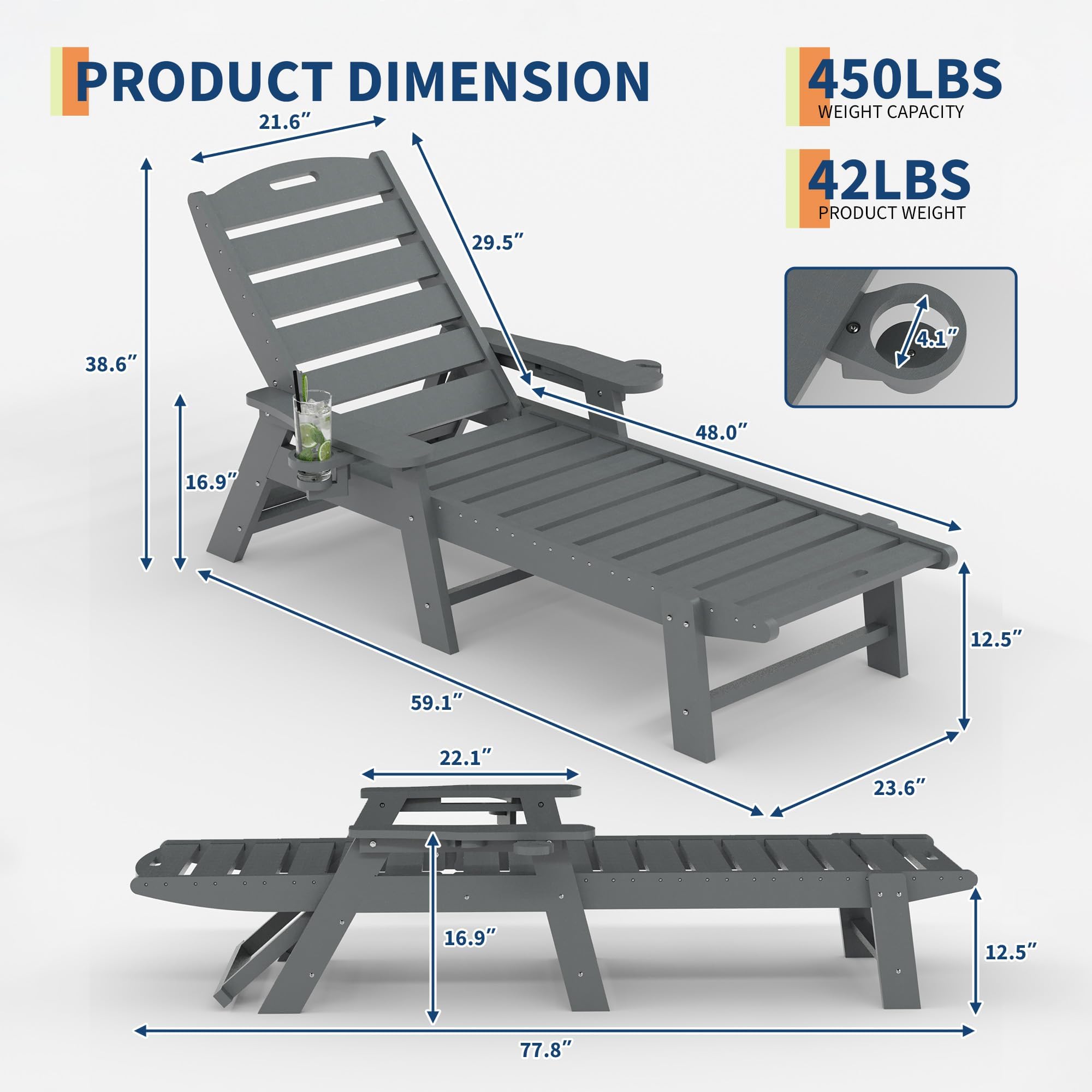 Garvee 2er Set Sonnenliege Gartenliege wetterfest aus HDPE, 5-Stufen verstellbare Rückenlehne, Relaxliege mit Getränkehalter, Belastbar bis 204kg, UV-beständig, Wartungsfrei, Grau