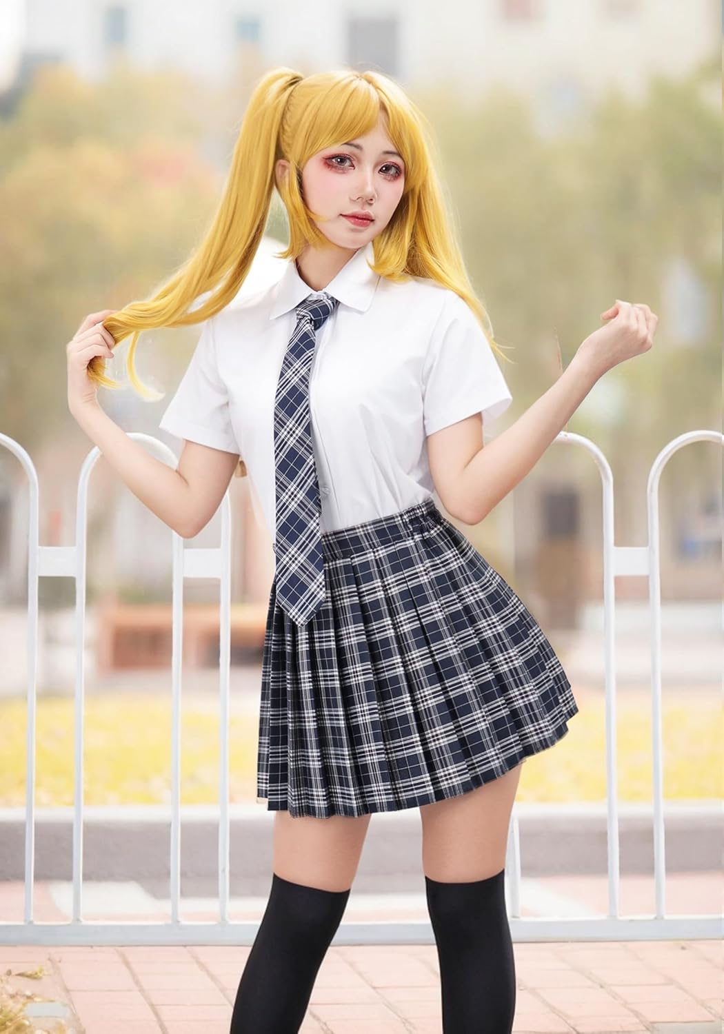 PROCOS Women Japanese Uniform Outfit US Size Costume with Plaid Bow Tie Socks 5 PCS - Image 3