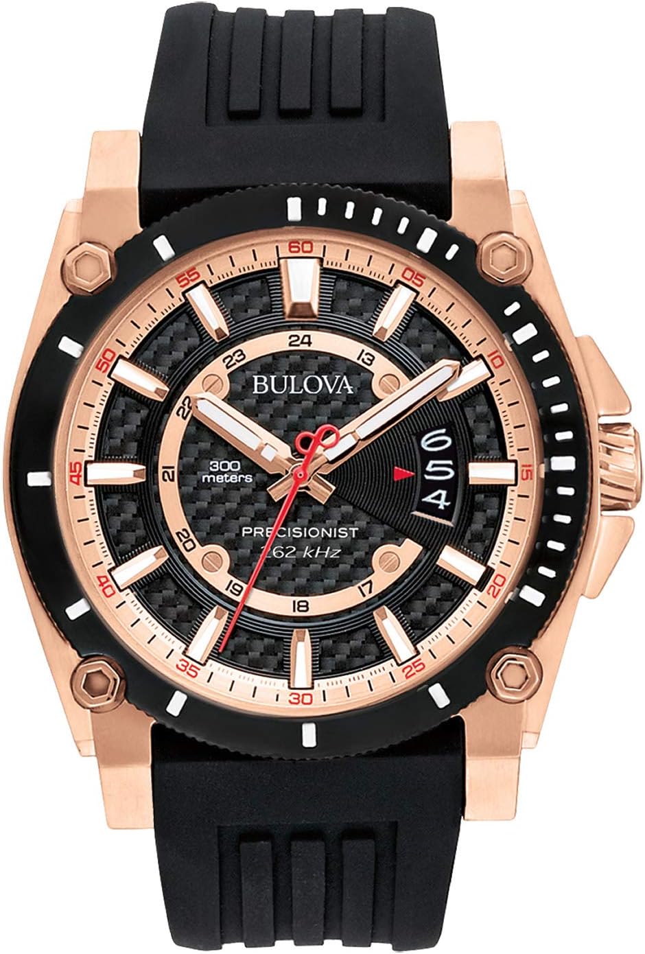 BulovaMen's Icon 3-Hand Calendar Watch with Black Polyurethane Strap, Precisionist, Luminous Markers, 300M WR