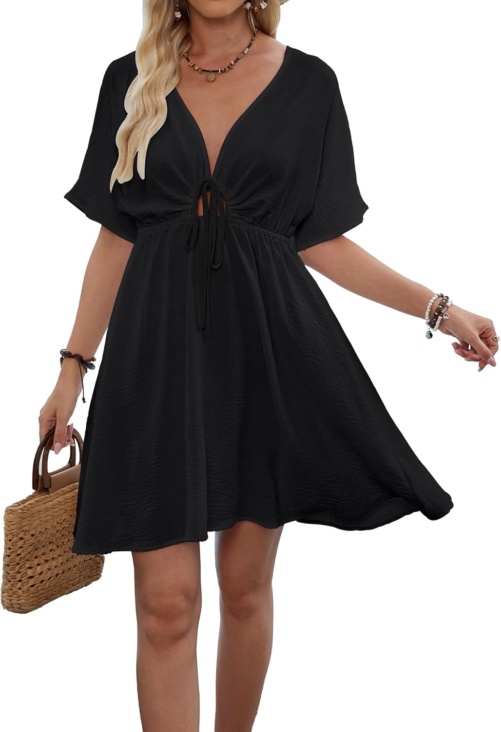 Eddoyee Wome's Swimsuit Coverup V Neck Hollow Out Beach Bathing Suit Flowy Swim Coverup Mini Dress