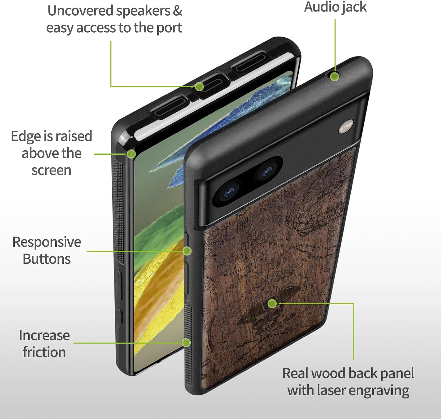 Carveit Wood Case for Pixel 8a Case [Natural Wood & Black Soft TPU] Shockproof Protective Unique Wooden Cover Compatible with Google Pixel 8a (Pirate Flag-Walnut)