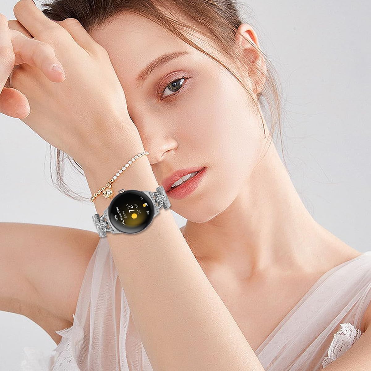 Metal Magnetic Band Compatible with Google Pixel Watch 3 41mm/2/1, Stainless Steel Dressy Mesh Loop with D-Shape Diamond for Women