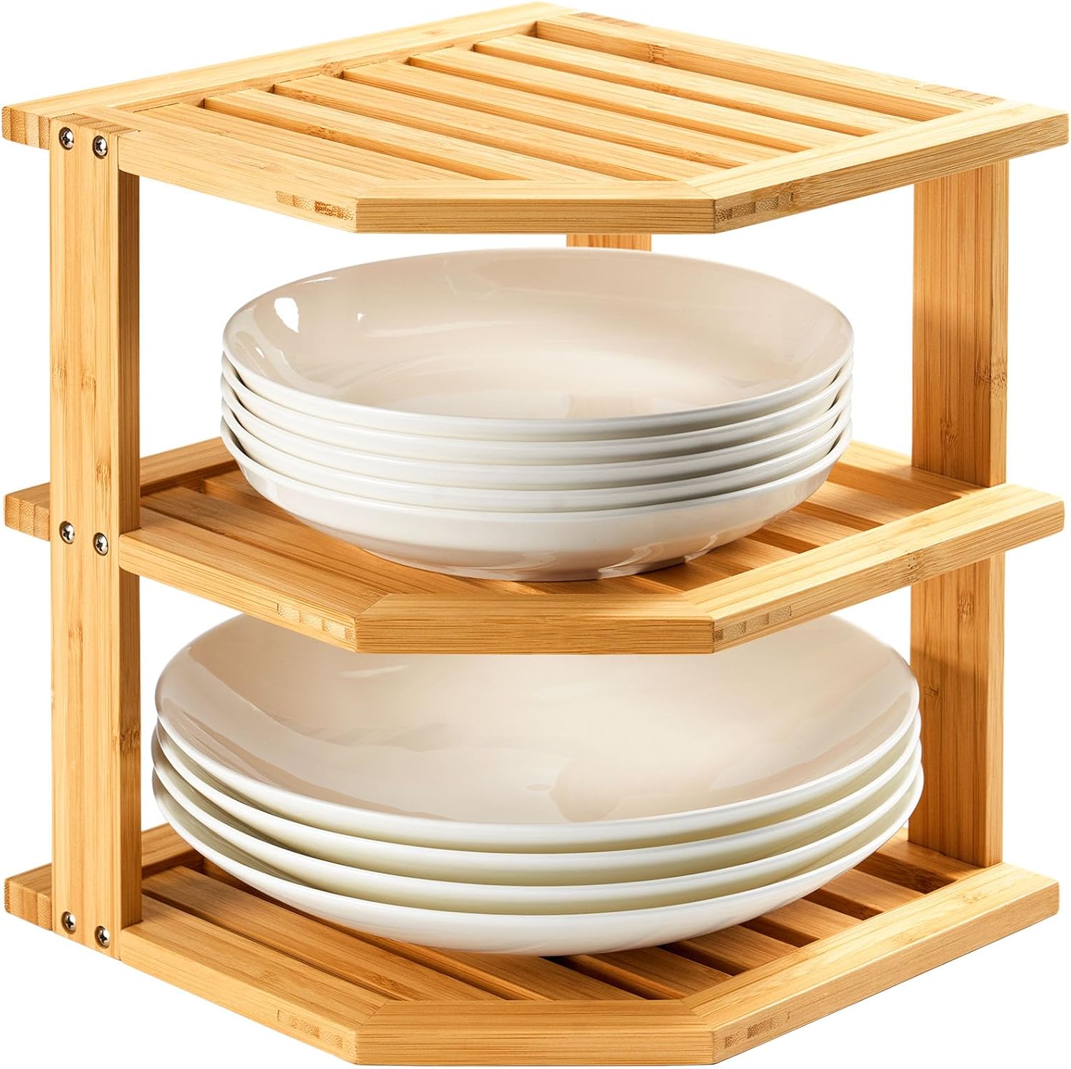 Umilife Plate Organizer for Cabinet, Extra Tall Bamboo Corner Shelf, Dish & Bread Organizer, Spice Rack, Kitchen Bathroom Countertop Storage Organization Space Saver