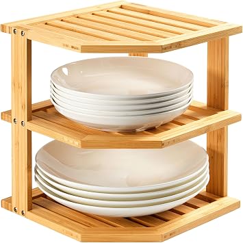 Umilife Plate Organizer for Cabinet, Extra Tall Bamboo Corner Shelf, Dish & Bread Organizer, Spice Rack, Kitchen Bathroom Countertop Storage Organization Space Saver
