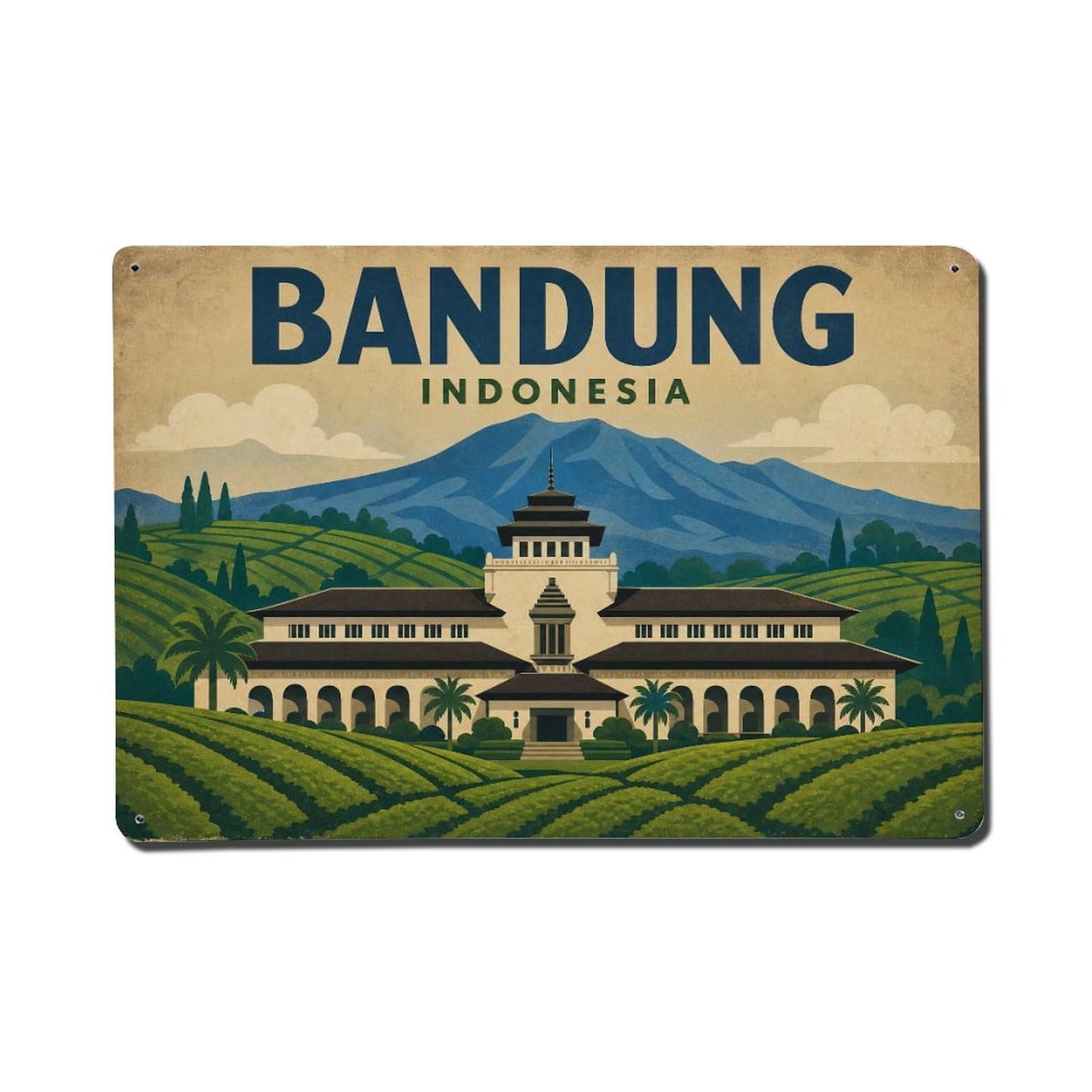 Retro Travel Indonesia Bandung Metal Tin Sign Plaque Wall Decor for Cafe, Club Bar, Office, Garden Metal Poster 8x12Inch