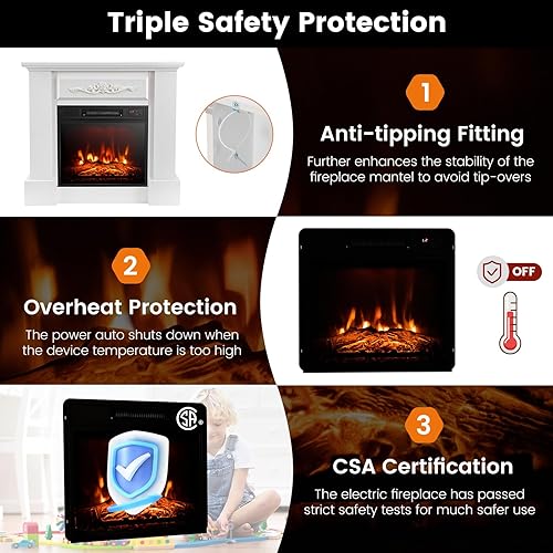 Miniatura 7 de GOFLAME Chimenea eléctrica con chimenea, calentador independiente de 1400 W con control remoto, brillo de 3 llamas, termostato, temporizador de 6