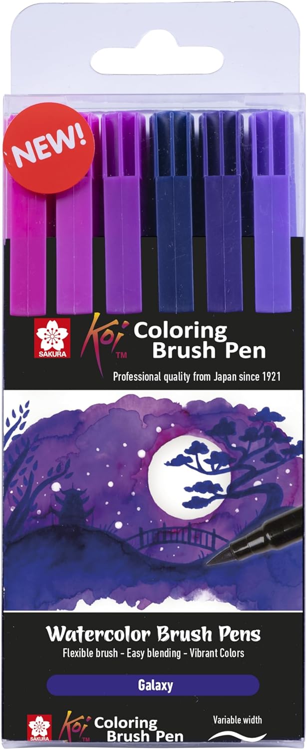 SAKURA Koi Colouring Brush Pen Set - Galaxy 6 Colours - Flexible Water-Based Ink for Layered Gradients and Watercolor Effects