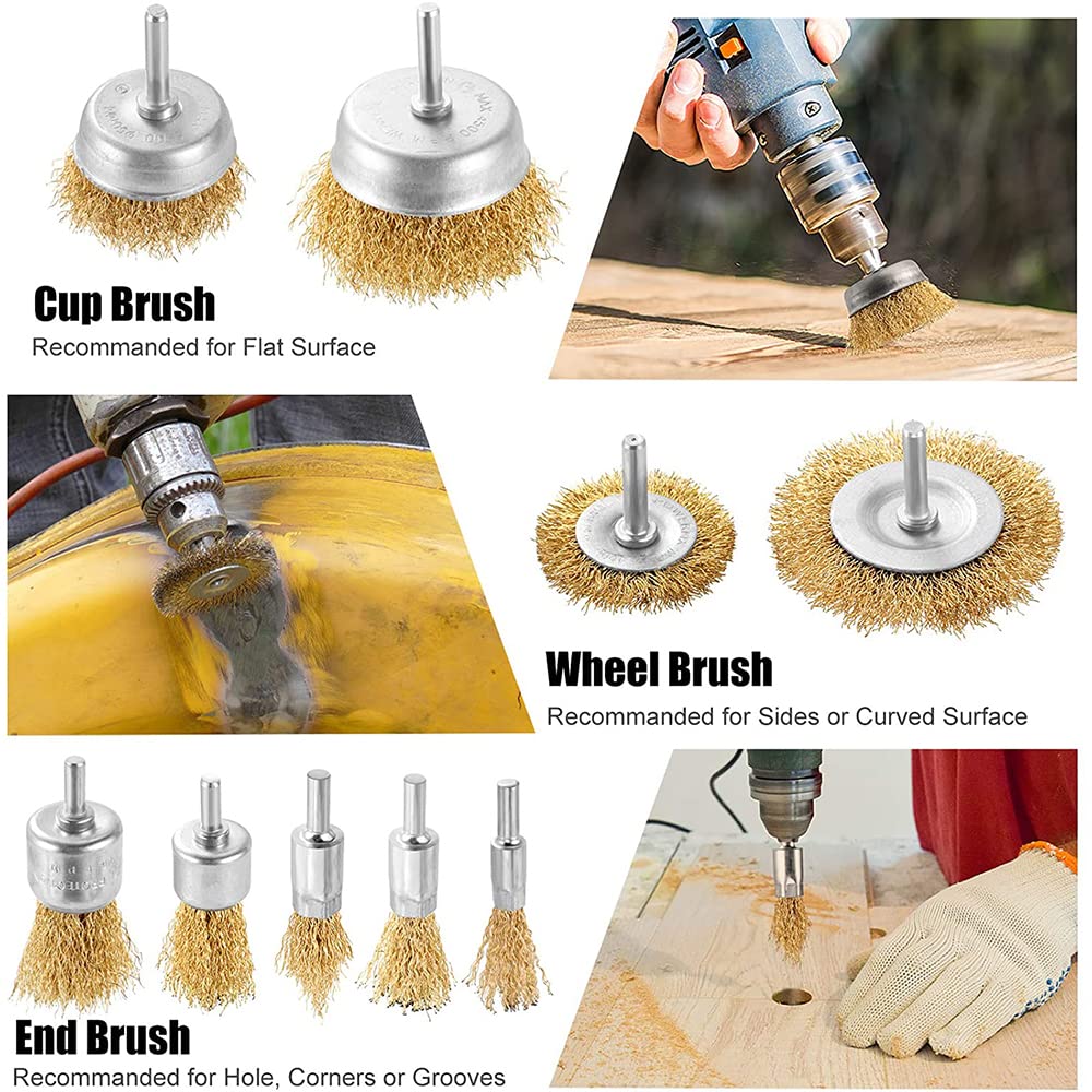 Different types of wire brushes: cup, wheel, and end brushes, with examples of their recommended applications