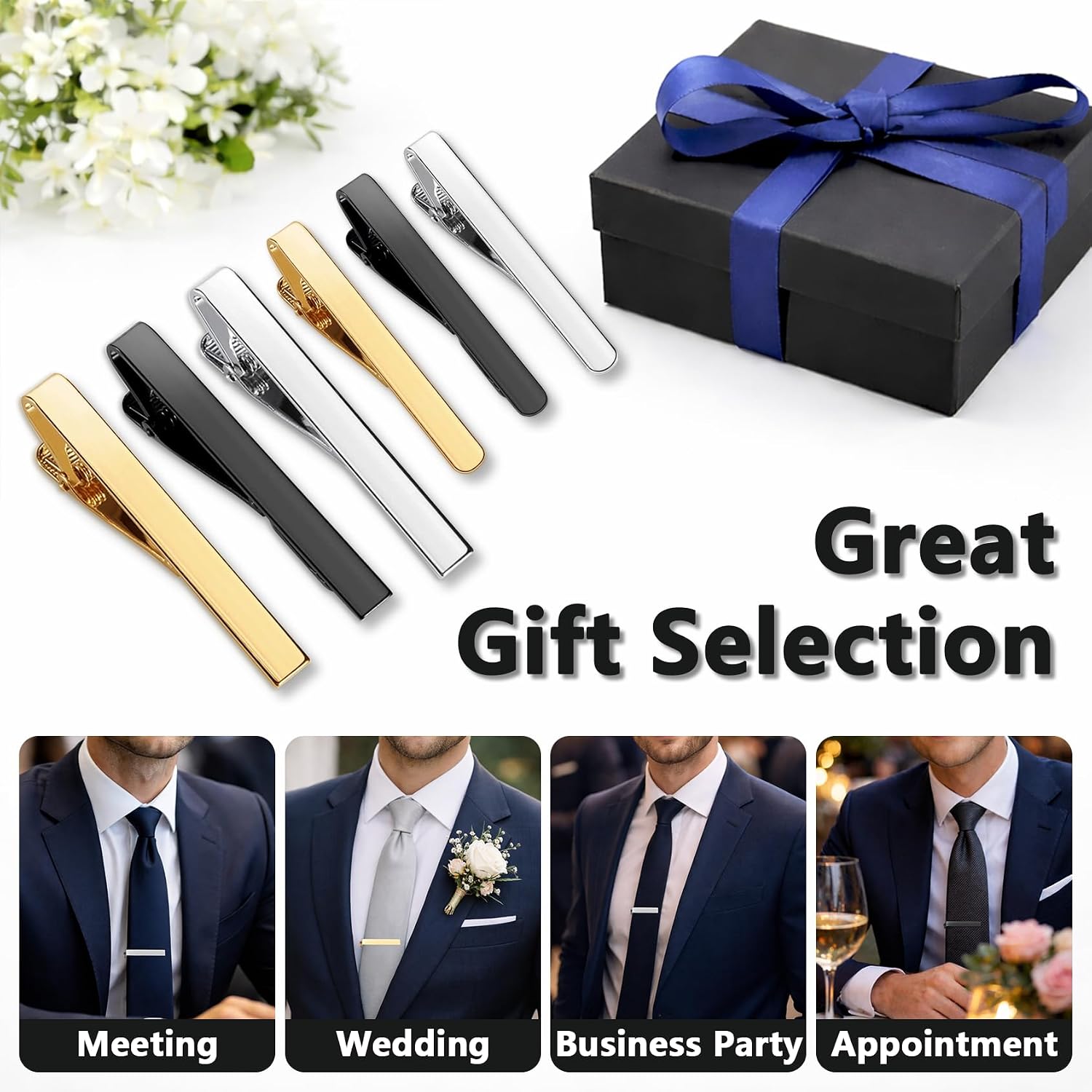Tie Clips for Men 6-Pack, Viaky Classic Necktie Bar Set with Gold Silver Black 3 Tones, Men's Jewelry Accessories Pinch Clips for Wedding, Business and Formal Gifts