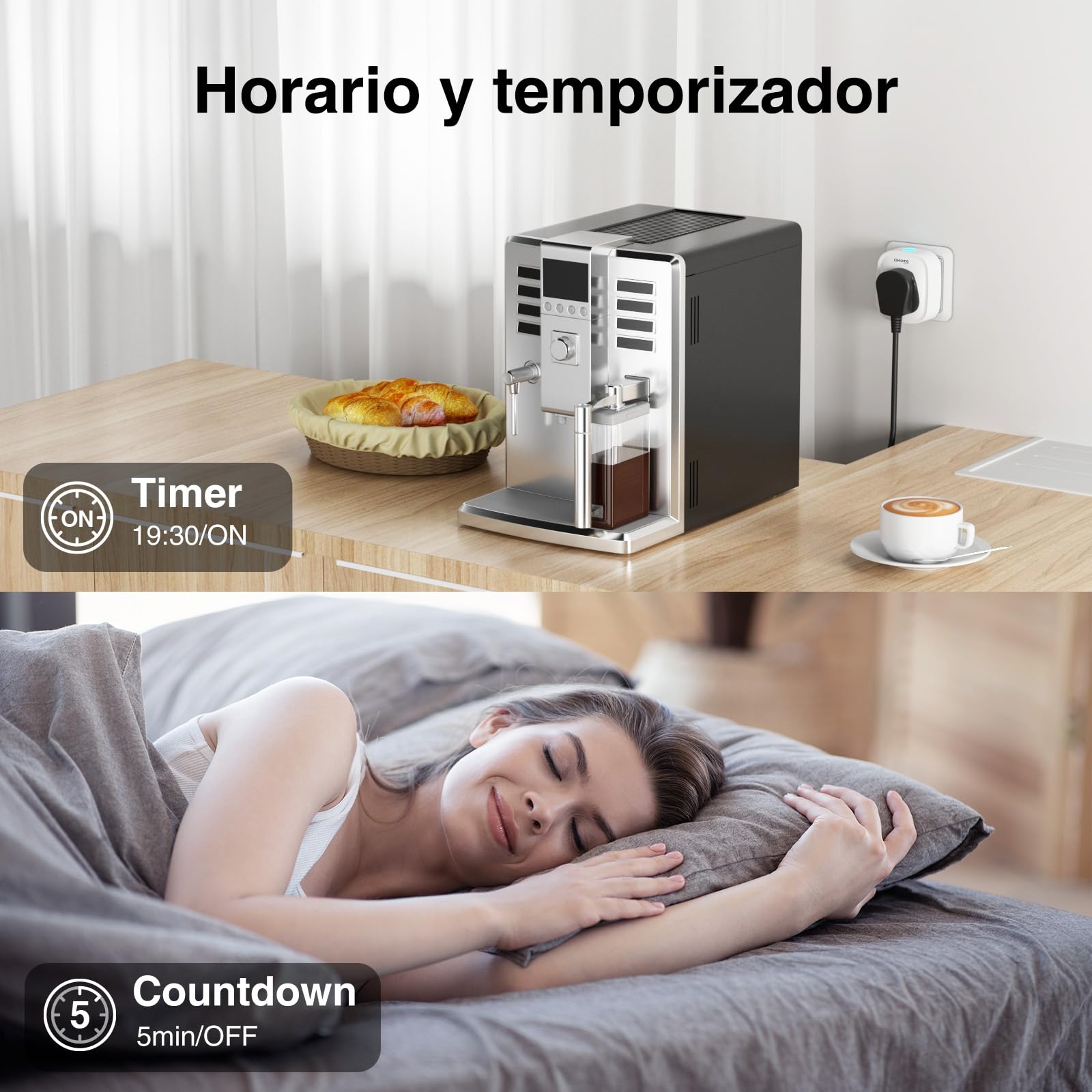 GHome Smart Enchufe Inteligente, 16A Enchufe WiFi Medidor de Consumo, Compatible con Alexa y Google Home, Tomada Inteligente Programable con Temporizador, Control por Voz y APP, 3680W,Solo 2.4GHz WiFi