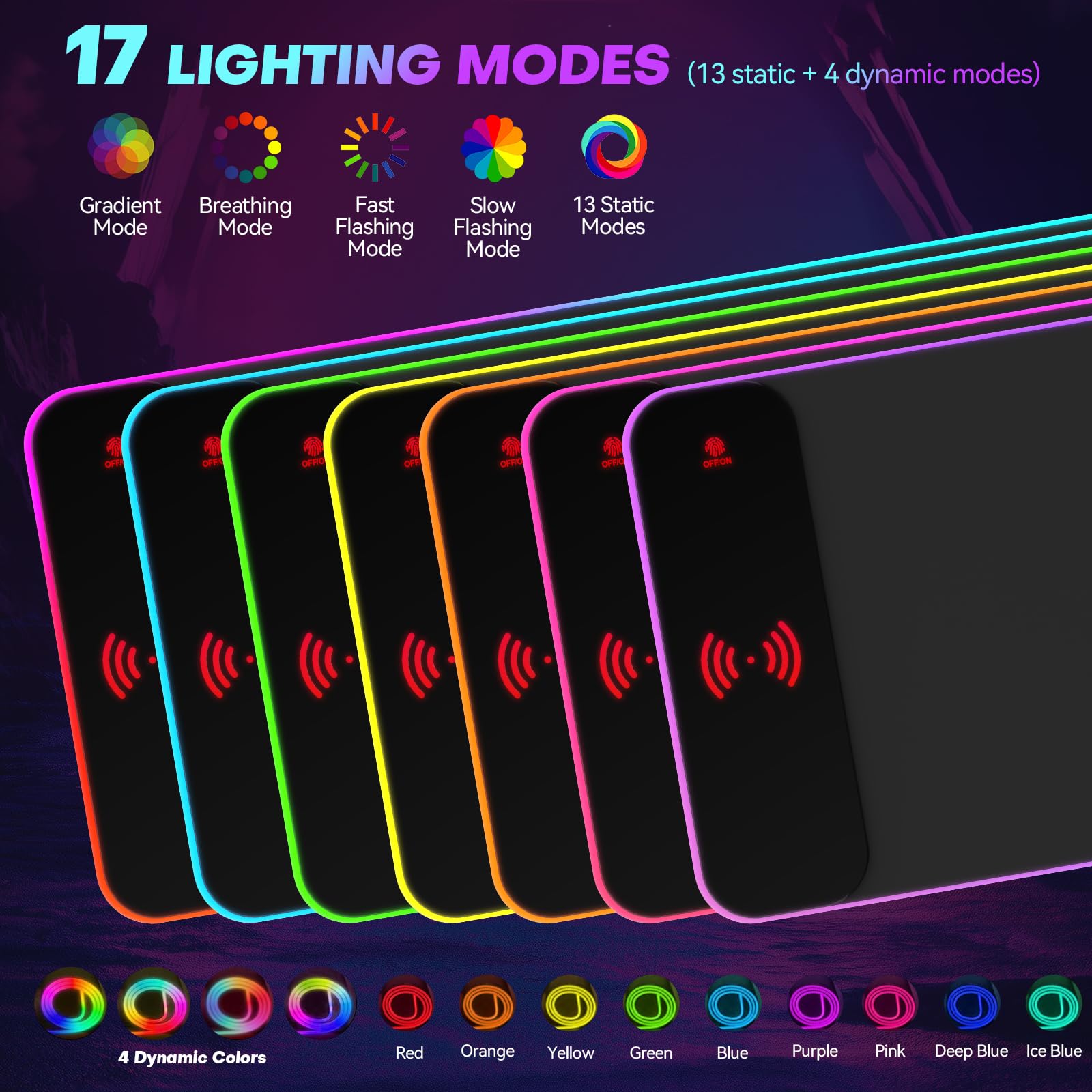 Tappetino per mouse da gioco RGB con caricabatterie wireless da 15 W, 17 modalità di illuminazione, tappetino per mouse extra large da 70 x 30 cm, con base antiscivolo, plug & play di tipo C, per