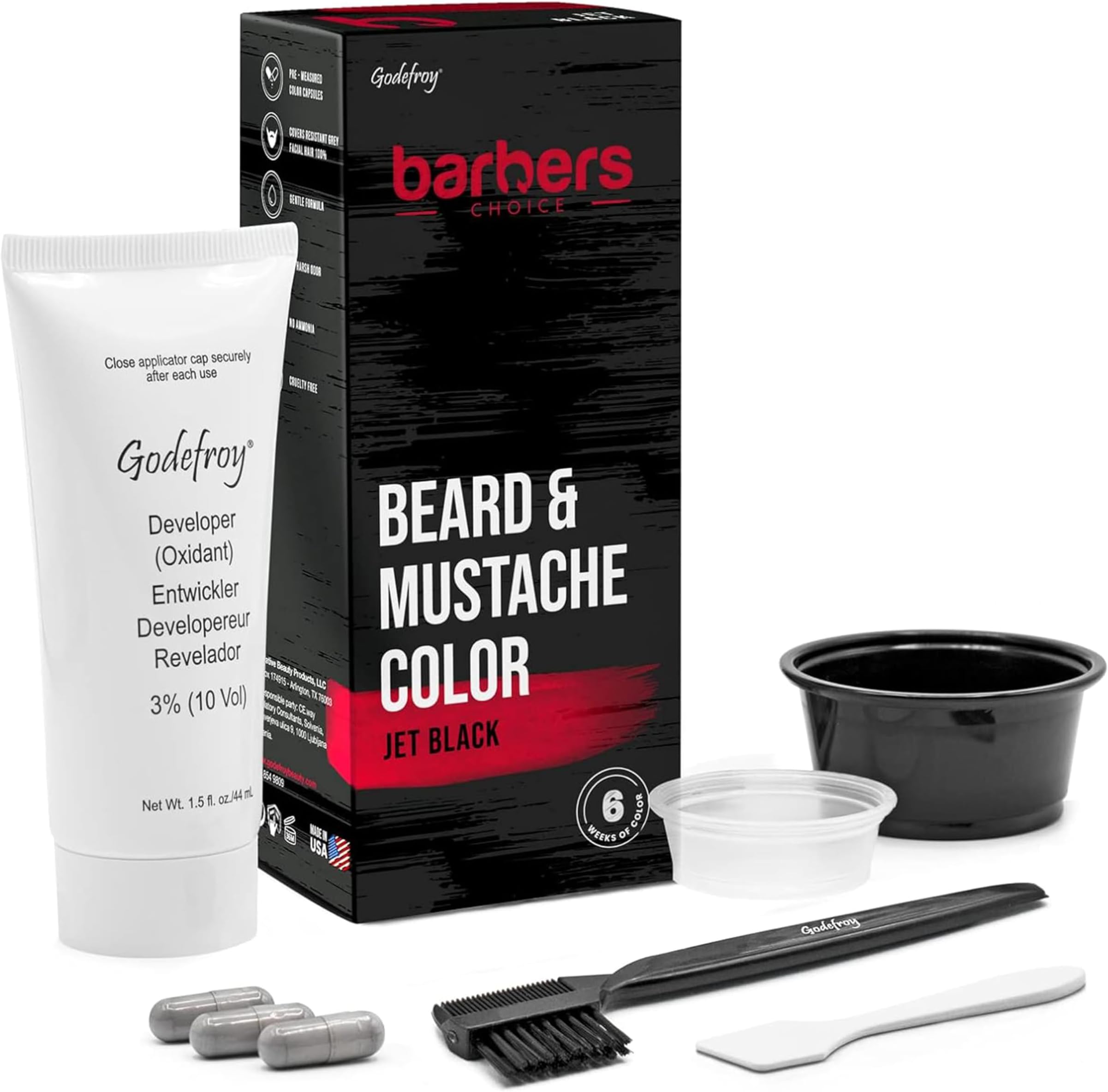 - Barbers Choice 3 Application Beard and Mustache Dye For Men, 6 weeks of Cover For Gray Facial Hair, Jet Black