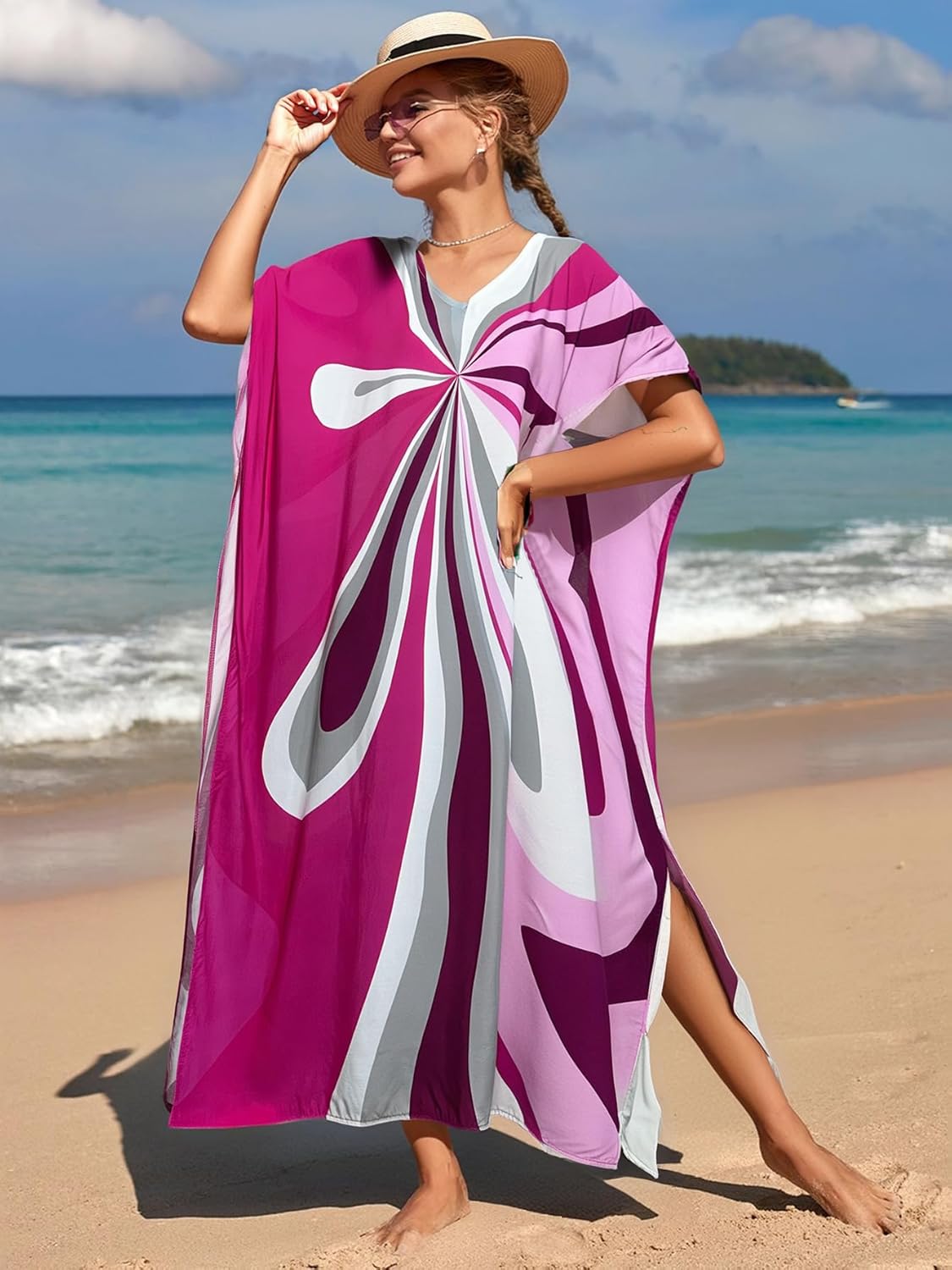 RanRui Floral Print Kaftan Dresses for Women Ethnic Boho Print swim cover up Batwing Sleeve Vneck Caftans - Image 7