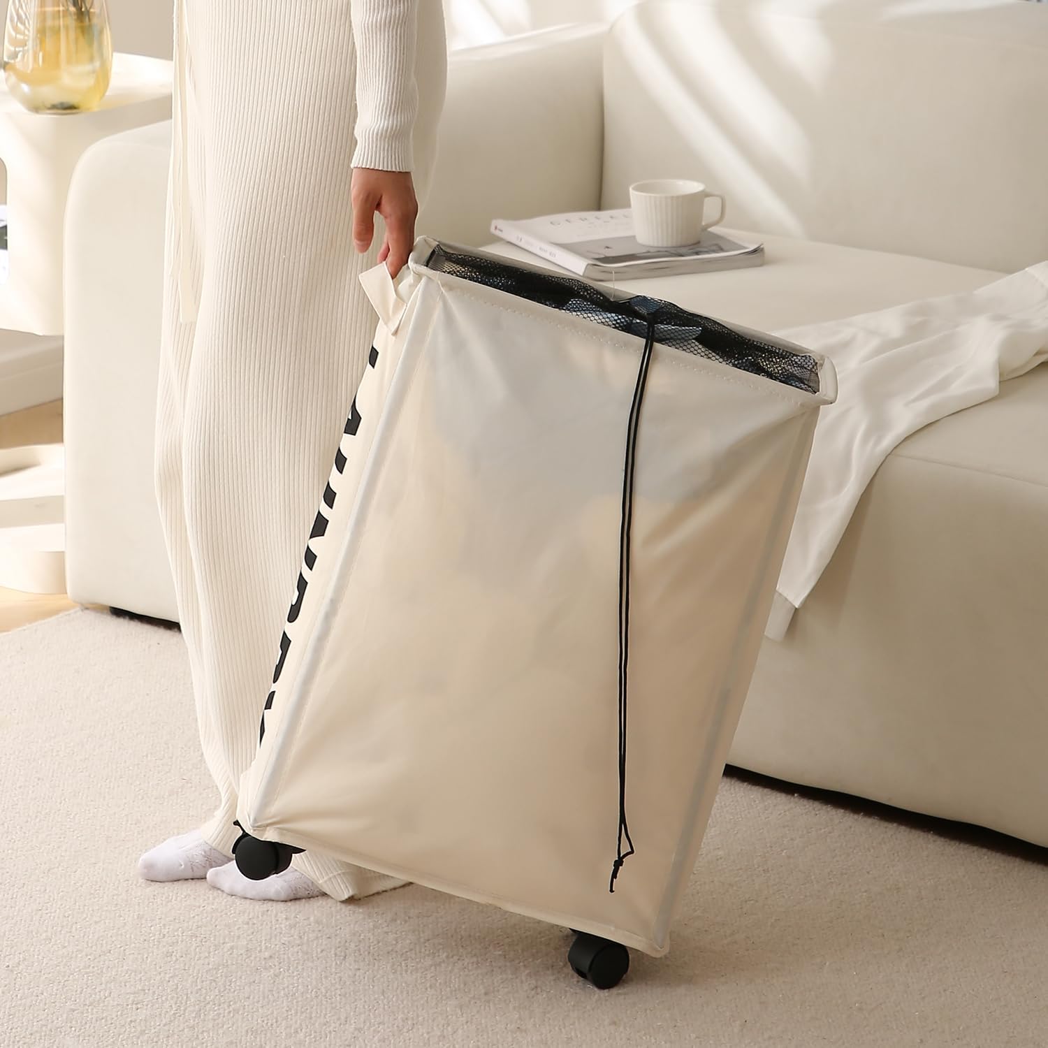 Rolling Laundry Basket with Lid - HOKIPO Cream -6