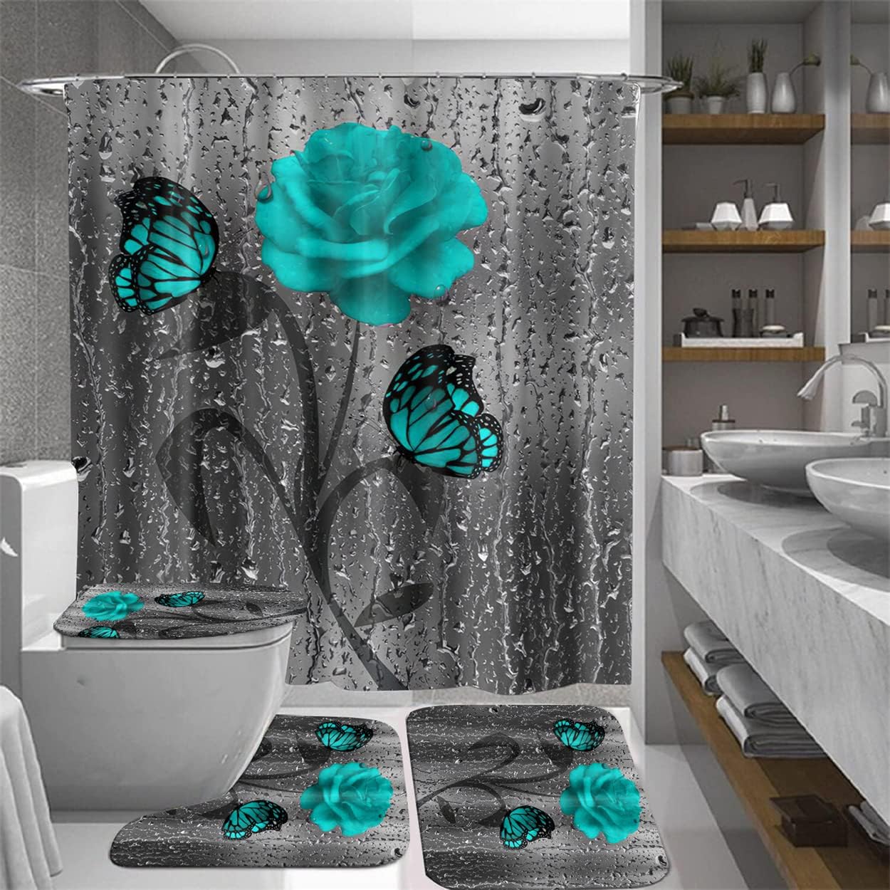 flowerlove Blue Rose Shower Curtain Set Butterfly Bathroom Curtain with Hooks Durable Waterproof Polyester Bath Curtain with Rugs Toilet Lid Cover Bath Mat Large Size,FLM014