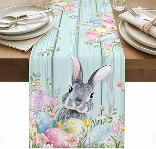 Bunny Easter Eggs Table Runner, Wood Grain Spring Floral Rabbit Tablecloth Kitchen Dining Coffee Table Center Pieces Decor for Farmhouse Wedding Holiday Home Party 13x48 Inch