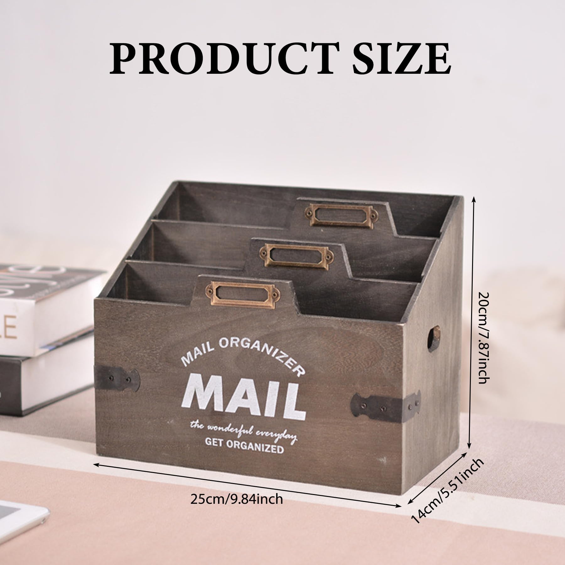 Wasise Letter Holder - 24 X 14 X 20CM Letter Rack, Rustic Wooden Letters Rack with Handle, 3 Compartments Home Office Holder, Wooden Stationary Desk Tidy Organiser,Mail Organiser for Home Study Office - Image 2