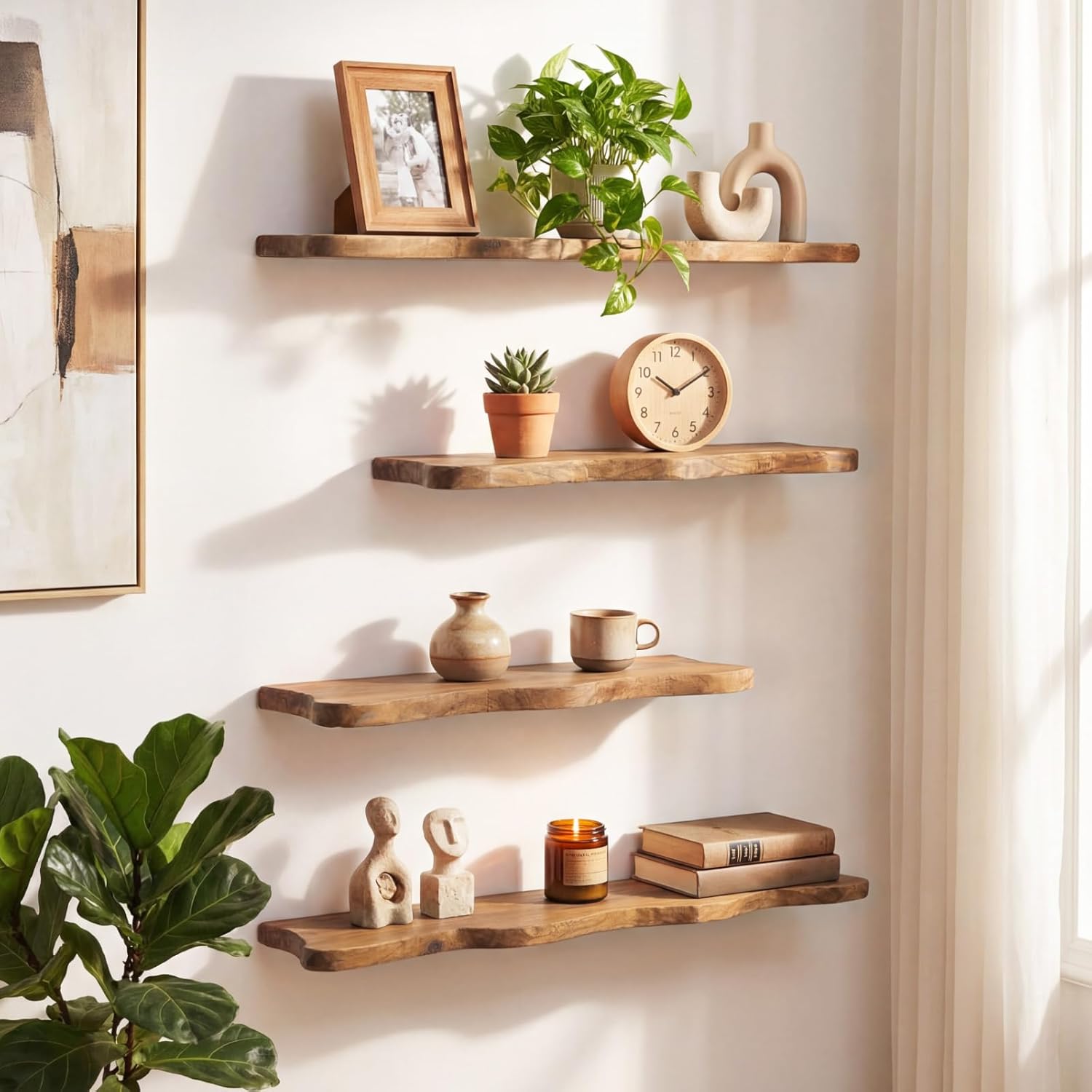 pinkunn 4 pcs floating shelves for wall wooden live edge shelf wall-mounted natural solid wood bedroom kitchen storage living room nursery decor (23.62/35.43 inch) 4 23.62/35.43 inch