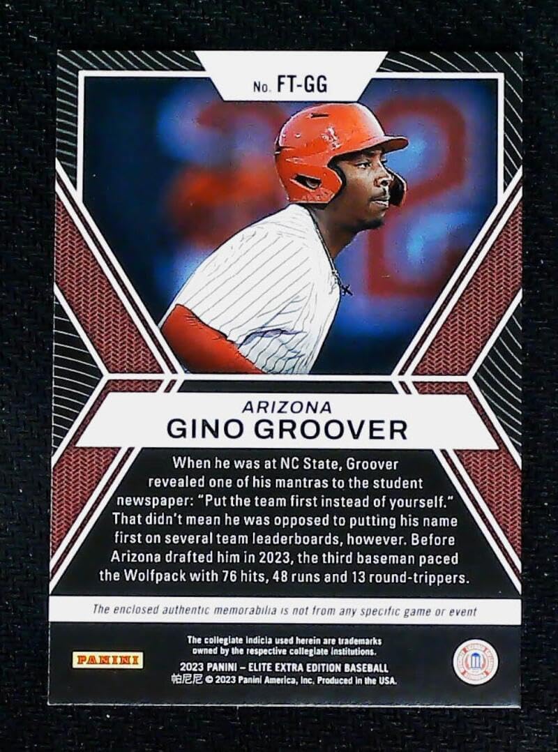 2023 Panini Elite Extra Future Threads #FT-GG Gino Groover RC Rookie Used Jersey PATCH 2/10 Arizona Diamondbacks Baseball Trading Card
