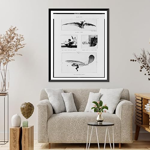 Miniatura 4 de Historic Framed Print, M. Adler's Avion".photo, Malcuit. The "Avion" with wings folded. Wright making an aerial glide. Otto Lilienthal gliding",