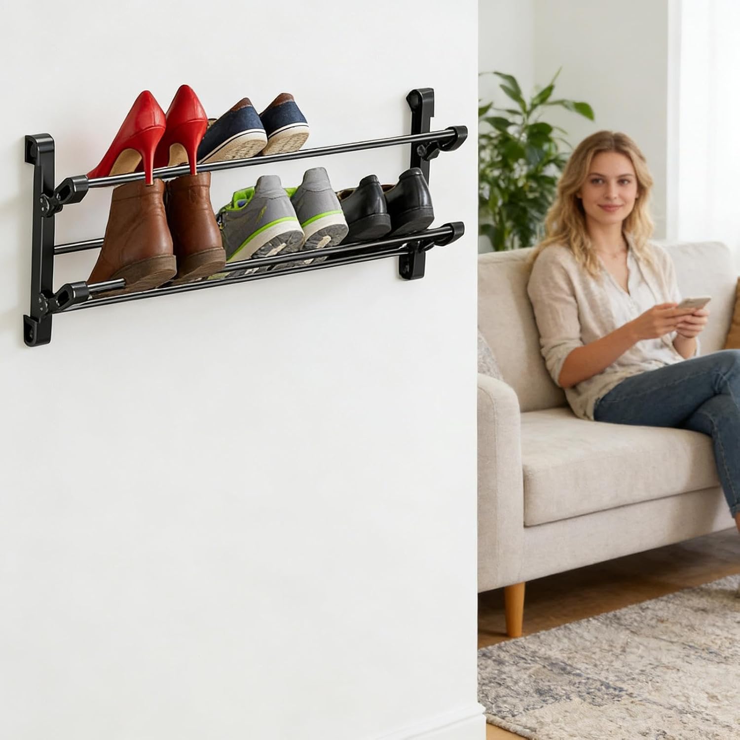 Foldable Shoe Shelf, 65x29cm, Wall Mounted 2-Tier Shoe Rack, Space-Saving Organizer for Sneakers, Hallway, Wardrobe, Bathroom, Dorm, Apartment