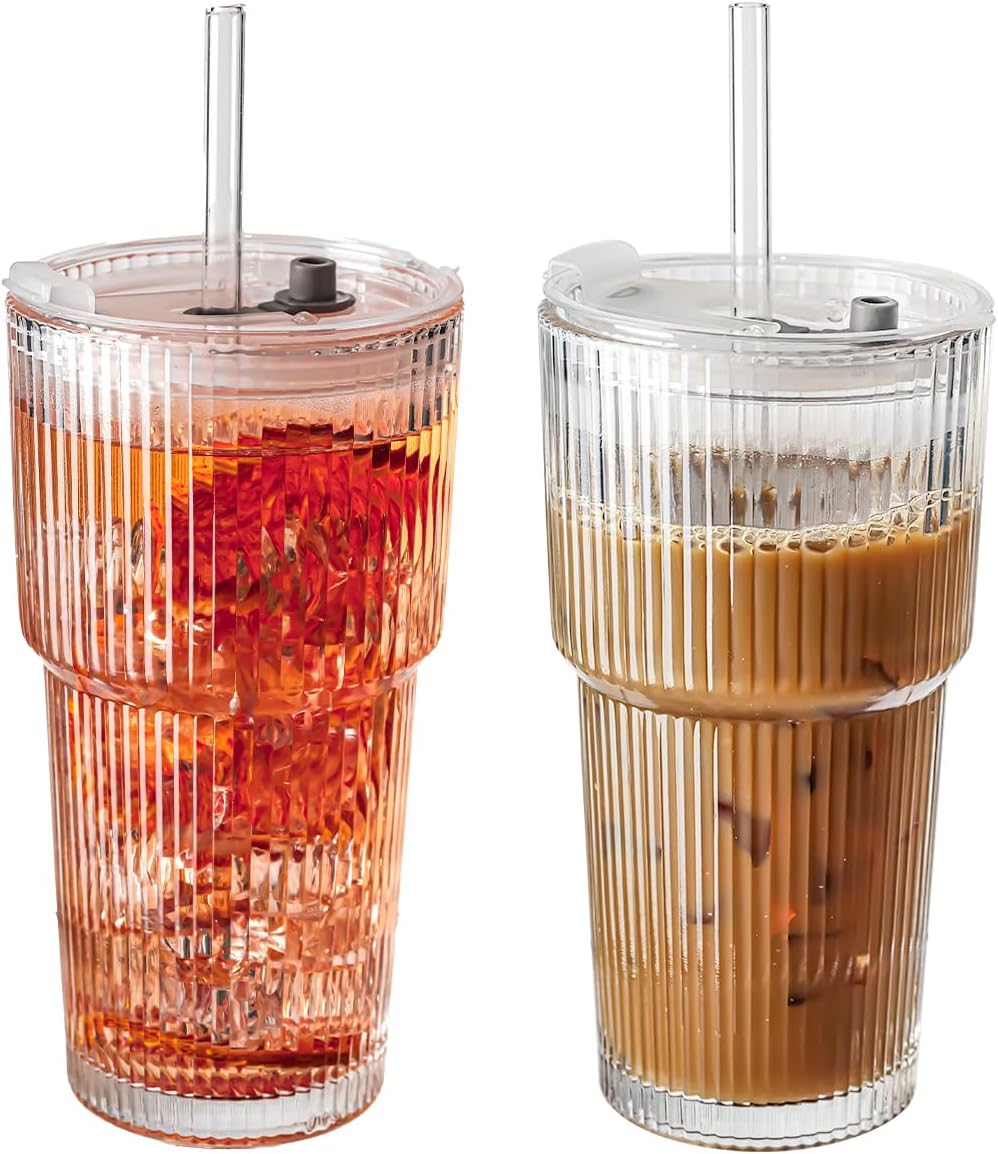 SUROQUE 20oz Ribbed Glass Tumblers with Lids & Straws, Ideal for Iced Coffee, Cocktails & More - Includes Cleaning Brush