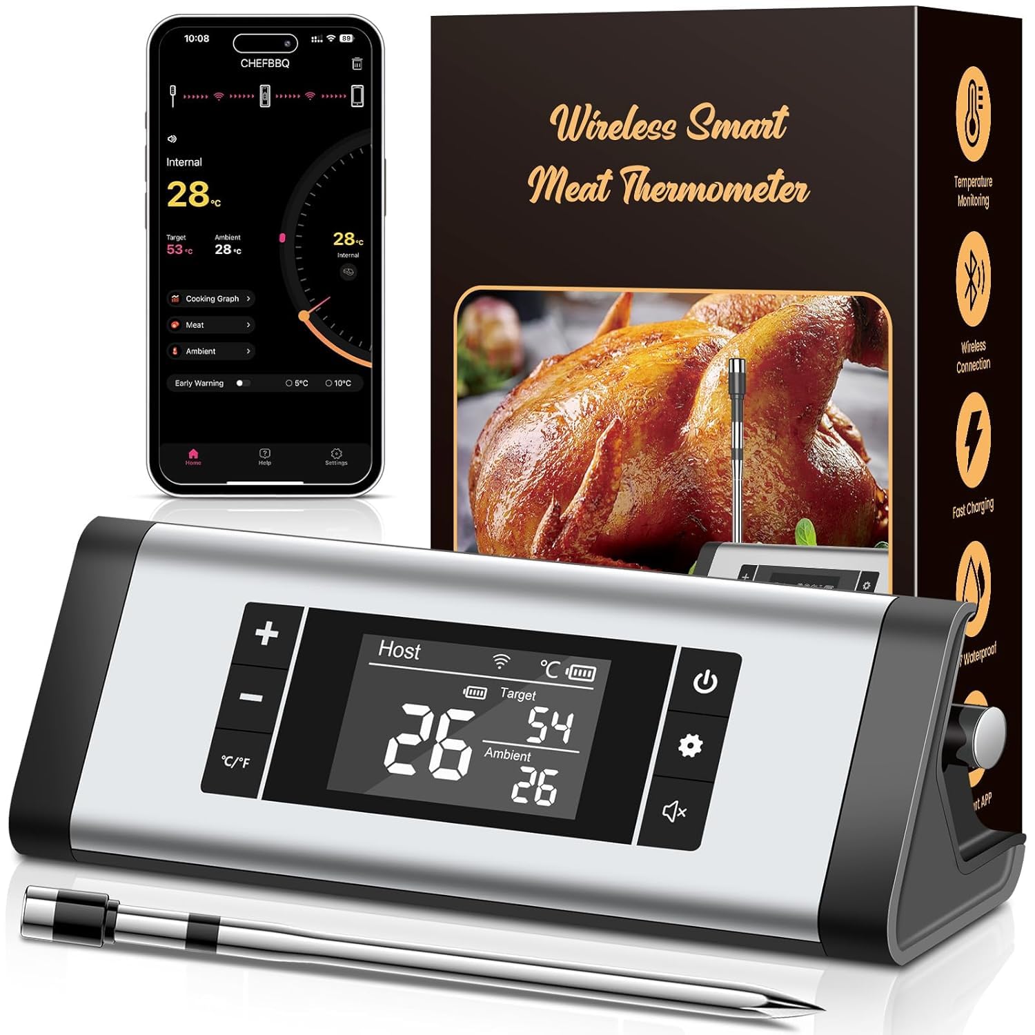 Termometro Cocina, 243M Bluetooth Termometro Digital Cocina Inalámbrico con Aplicación, IP67 a Prueba de Agua Meat Thermometer Con pantalla LCD, Función de Alarma, Ideal para Parrilla, Horno, BBQ