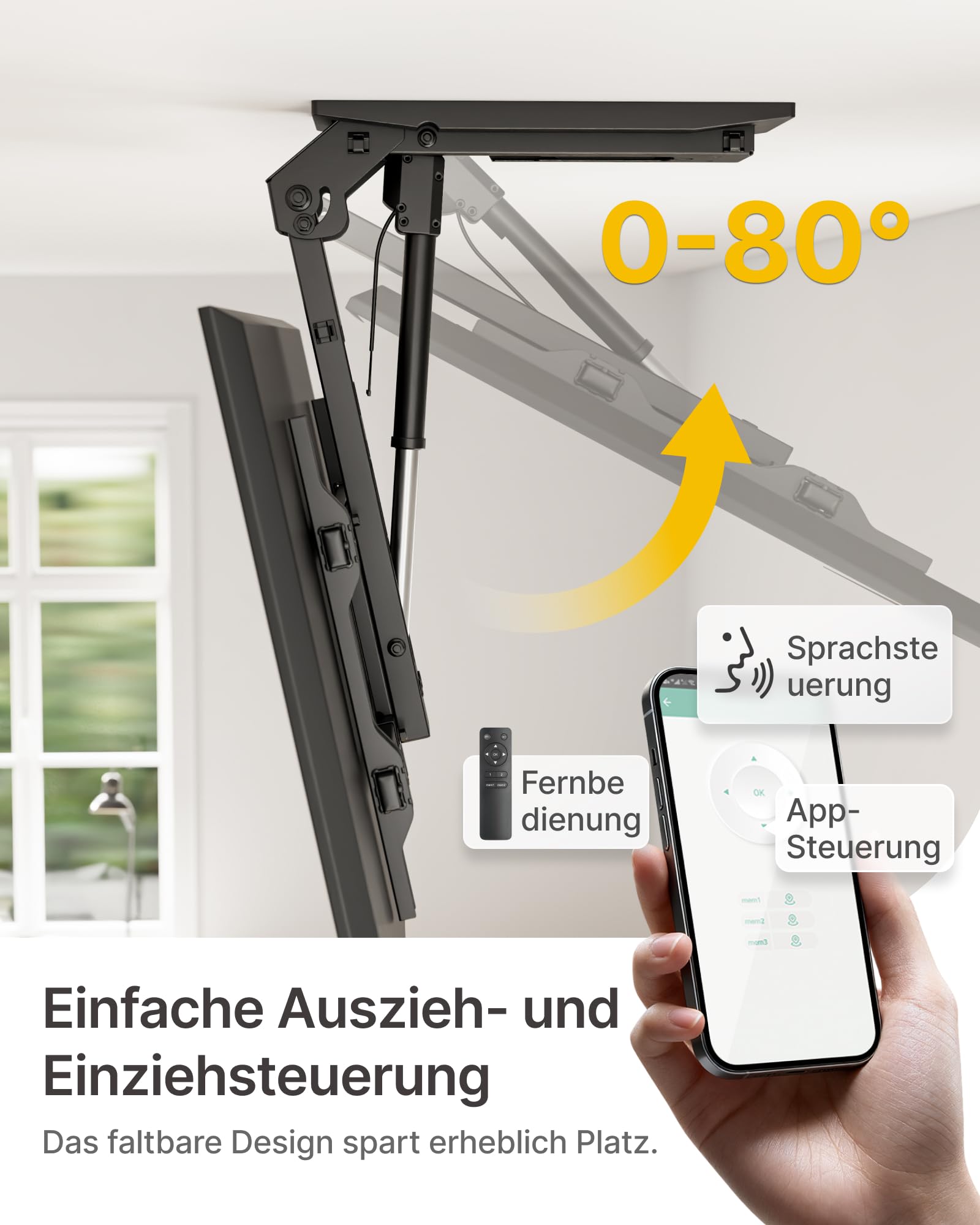 monTEK TV Deckenhalterung Elektrisch für 37-75 Zoll Fernseher,Bis zu 45 kg | Motorisiert absenkbar, für flache & geneigte Decken, Fernbedienung, App- und Sprachsteuerung, leiser Betrieb