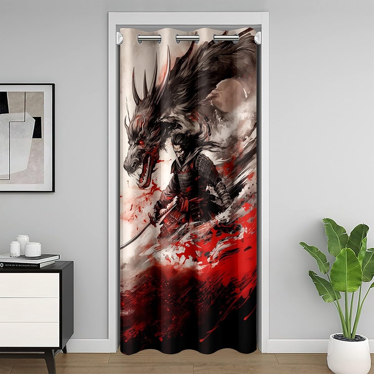 Japanese Samurai Dragon Door Curtain 42"W X 80"L Watercolor Red Blood Game Style Doorway Curtain Privacy for Kids Boys Teens Adults Ink Painting Style Black Gray Animal Curtain Drape for Bedroom Door