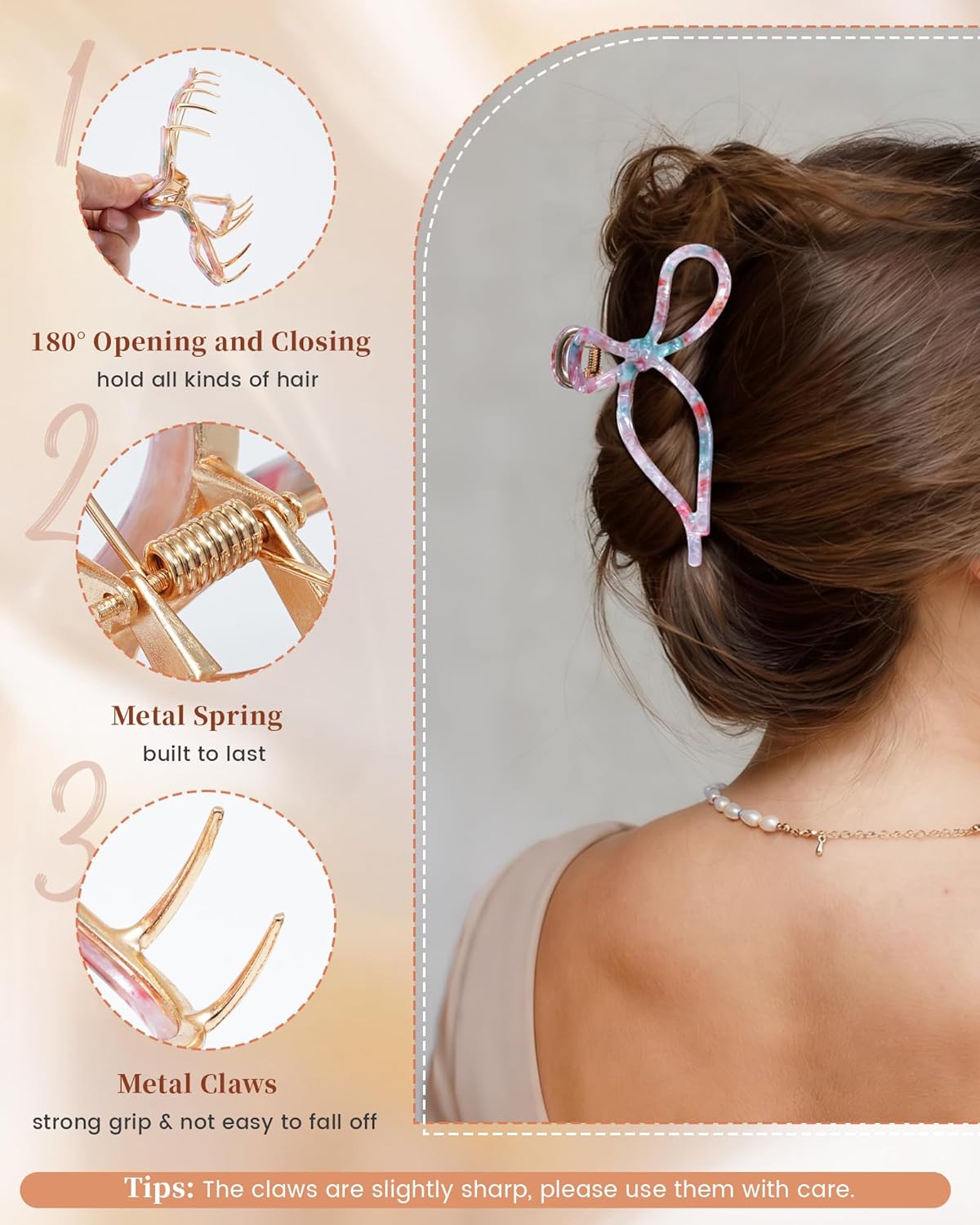 ACECHA 2 Pack Bow Hair Claw Clips for Women, 4.5" Gold Metal Hairclips for Thick Thin Hair, Large Non-slip Claws Strong Hold Styling (Floral 00) - Image 4