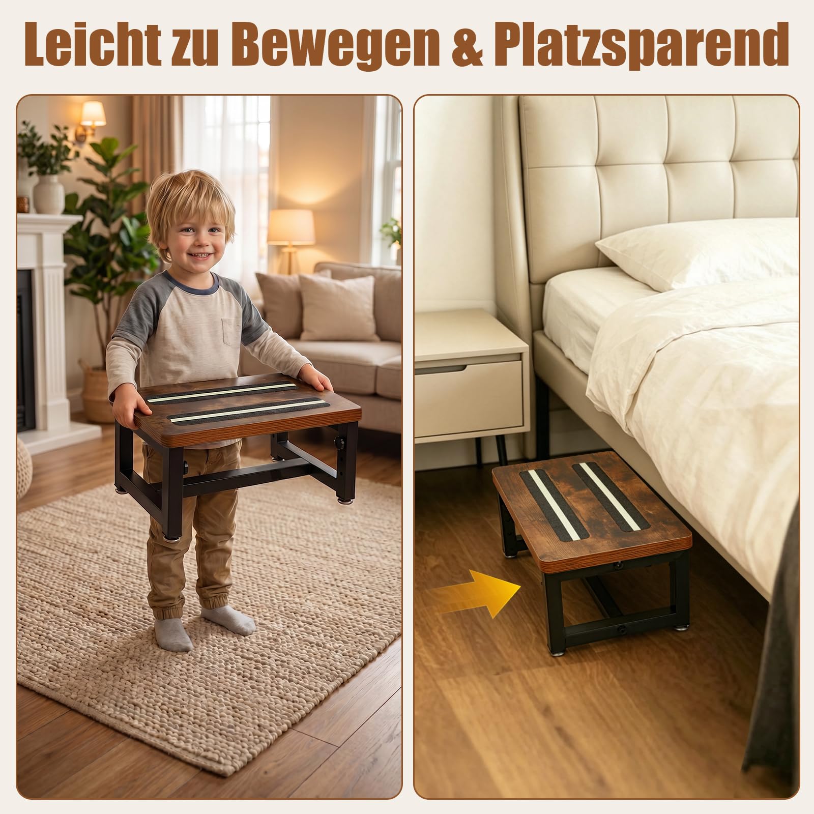 Marchepied en Bois Réglable 3 Hauteurs, Charge 150KG, Surface et Pieds Antidérapants, Tabouret Escalier Multiusage pour Enfants et Adultes, Convient pour Lit, Cuisine, Chambre, Camping-Car