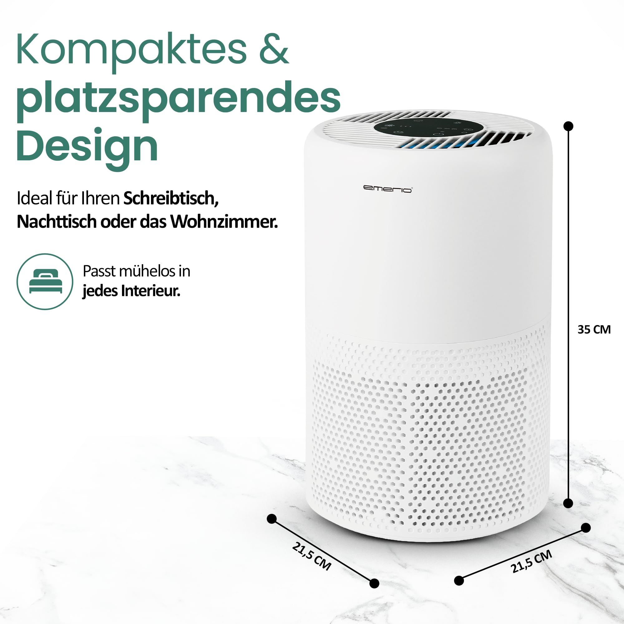 EMERIO Purificatore d'aria con filtro HEPA 13 (potenza del filtro al 99,97%) contro muffa, polvere, polline e odori | WLAN: Smart Life, funzione ionica e timer, adatto per ambienti fino a 25 m² |