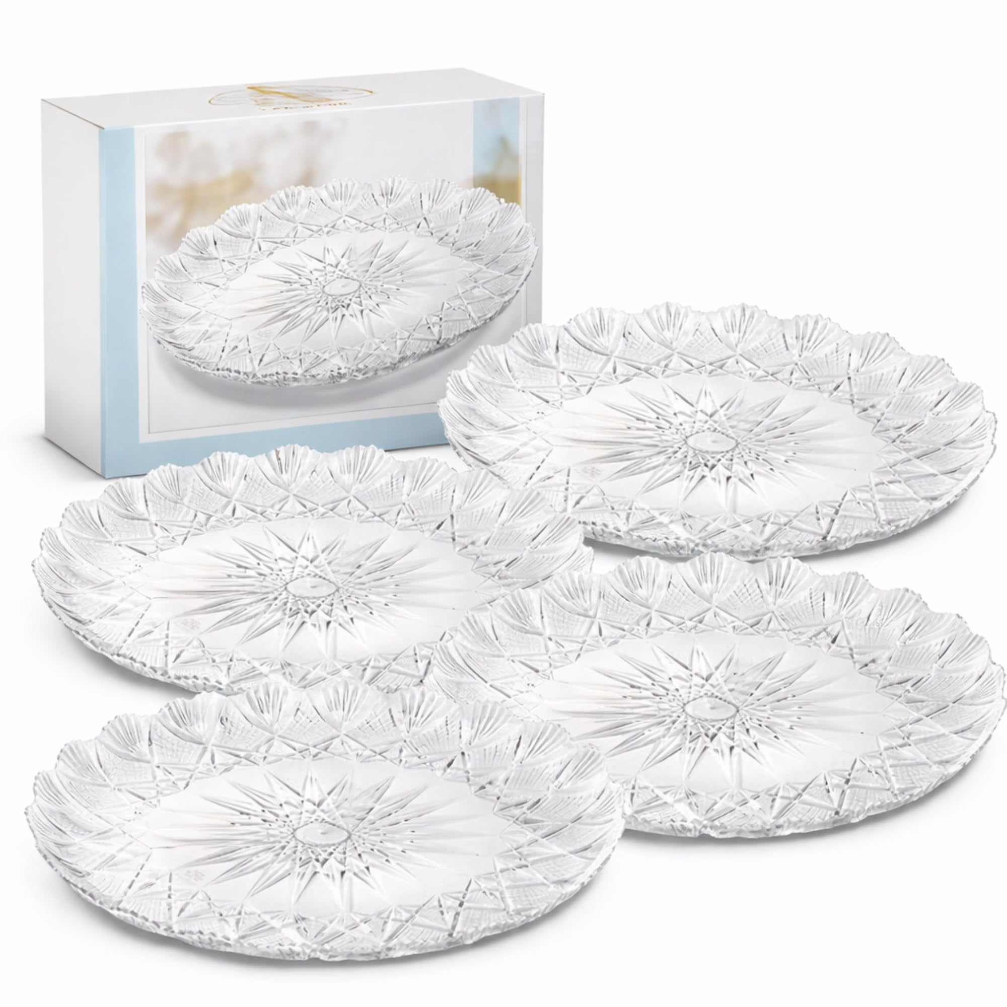 5 Vassoi Porta Torta Rotondi (Ø 24,5 cm) - Trasparenti con Decorazione a Stella in Plastica RESISTENTE e RIUTILIZZABILE - Porta Torte per Pasticceria, Feste, Compleanni, Matrimoni e Altro