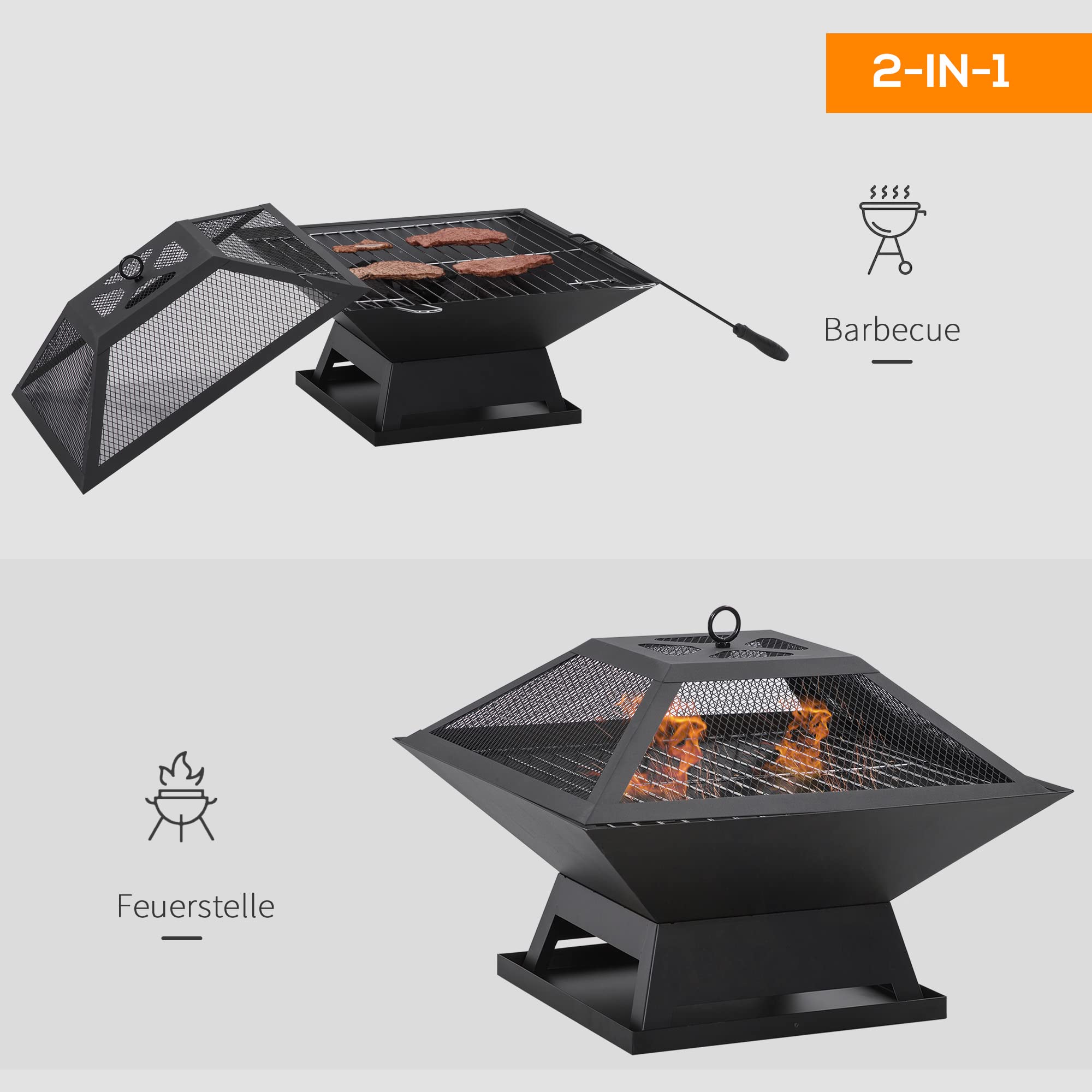 Outsunny ciotola per fuoco con griglia parascintille cesto per fuoco a poker per giardino campeggio BBQ acciaio nero 45 x 45 x 34 cm